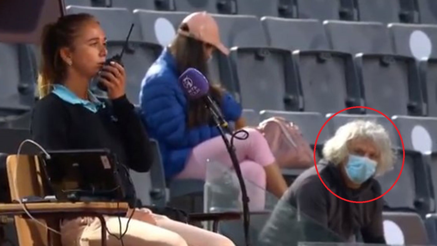 Camila Giorgi's father Sergio looks on as chair umpire Morgane Lara calls for security in Rome.