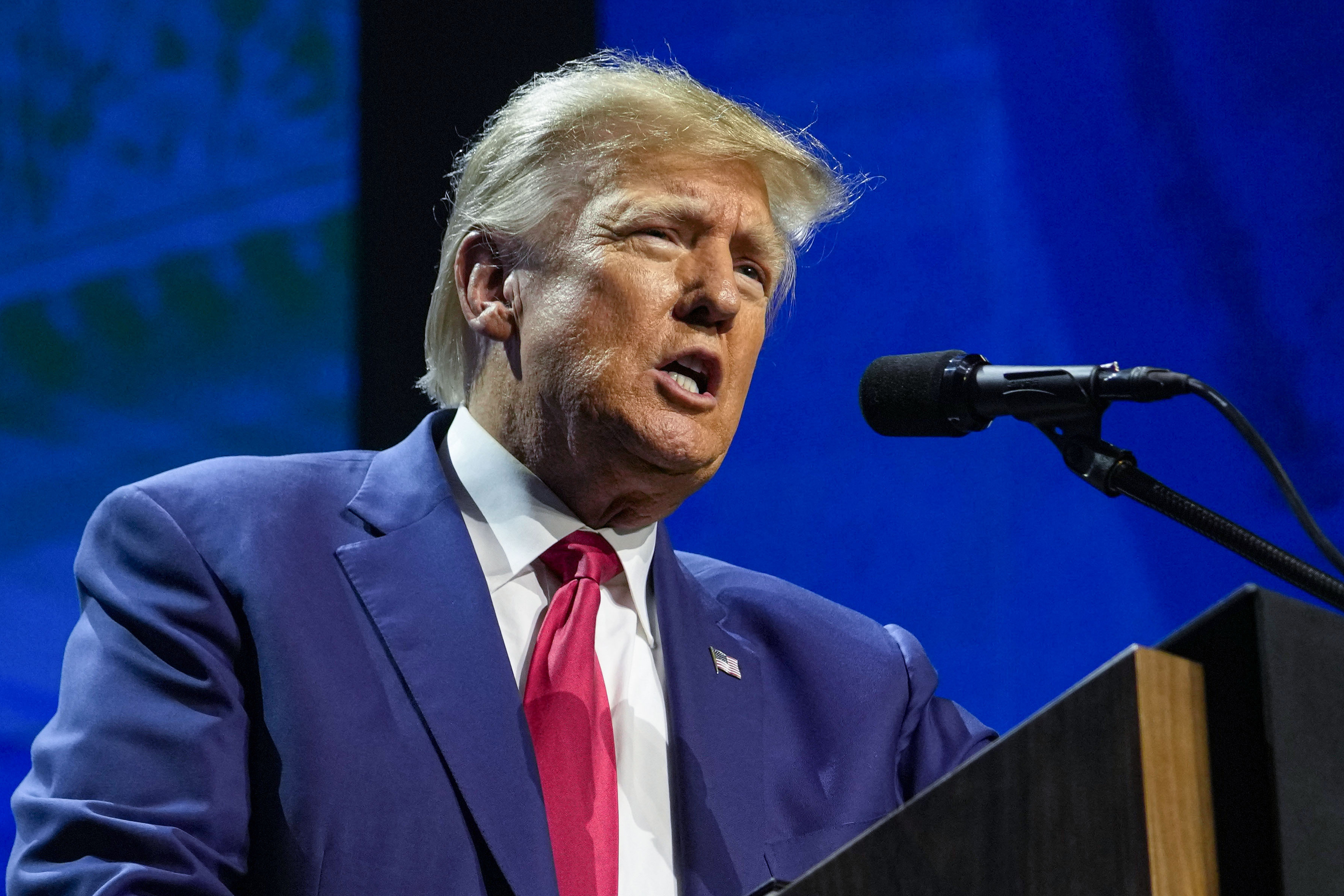 Former President Donald Trump speaks at the National Rifle Association Convention in Indianapolis, on April 14, 2023.
