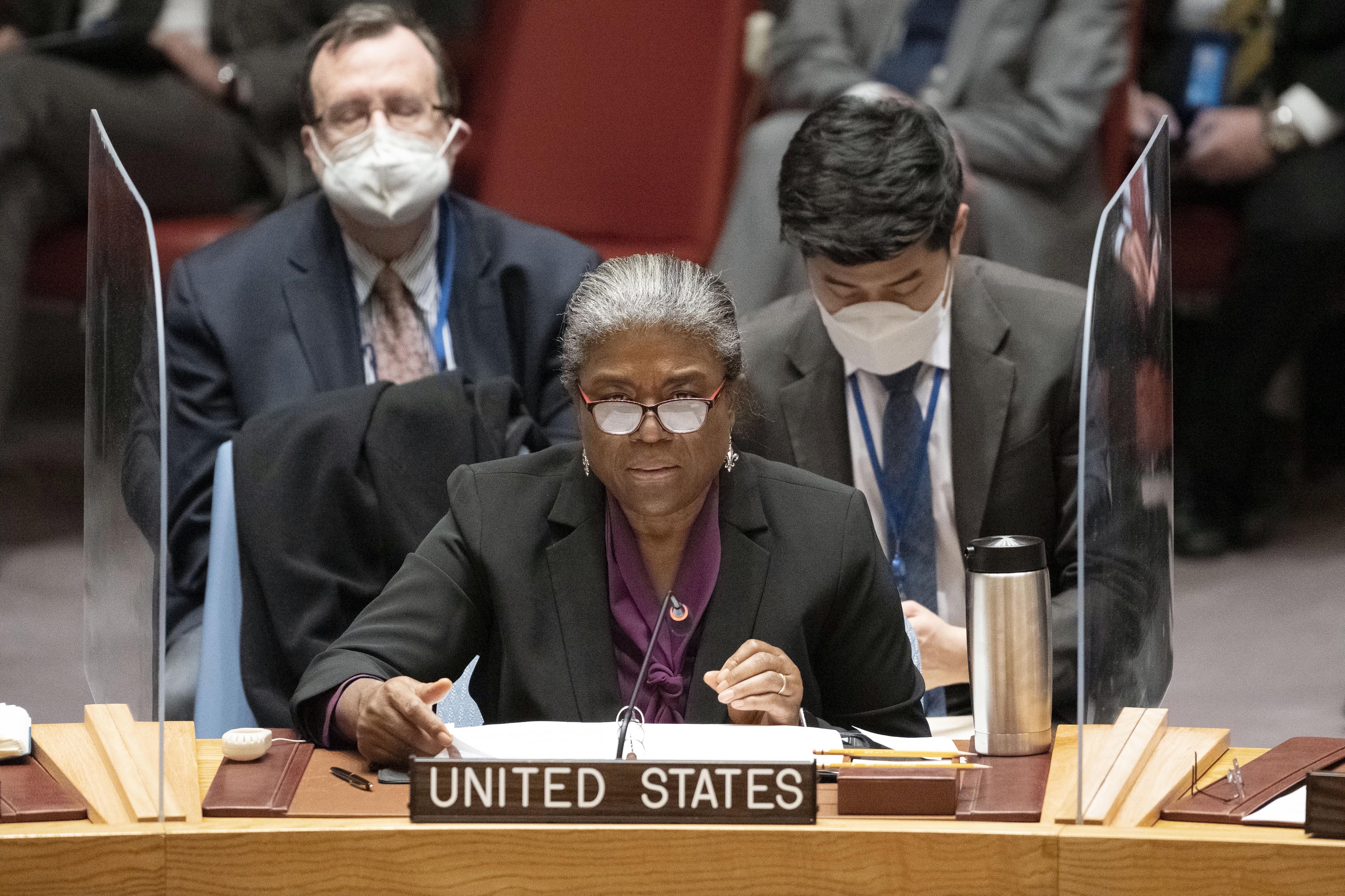 US Ambassador to the United Nations Linda Thomas-Greenfield spoke at the emergency UN Security Council meeting on Ukraine on Monday. 