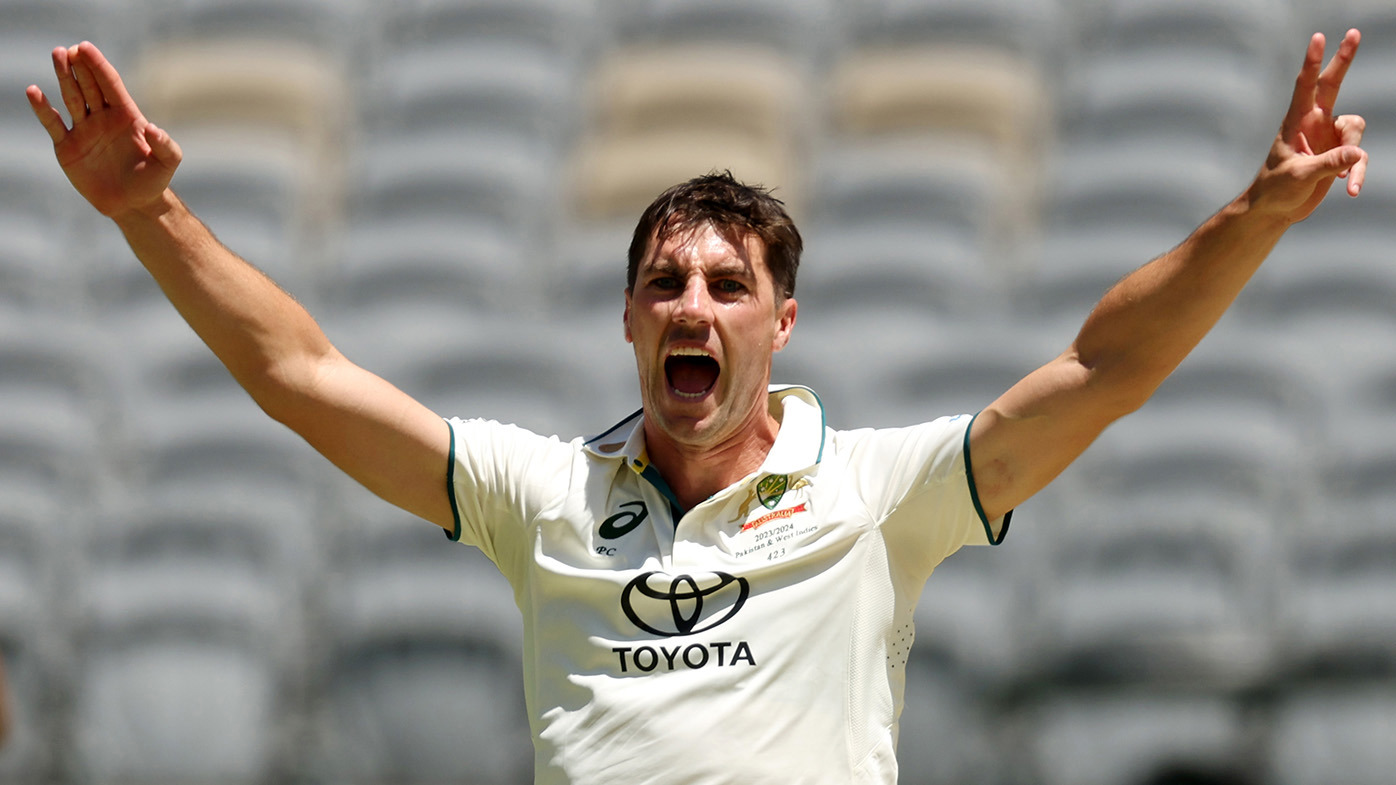 Pat Cummins of Australia appeals for the wicket of Agha Salman of Pakistan during day three of the Men's First Test match between Australia and Pakistan at Optus Stadium on December 16, 2023 in Perth, Australia (Photo by Will Russell - CA/Cricket Australia via Getty Images)