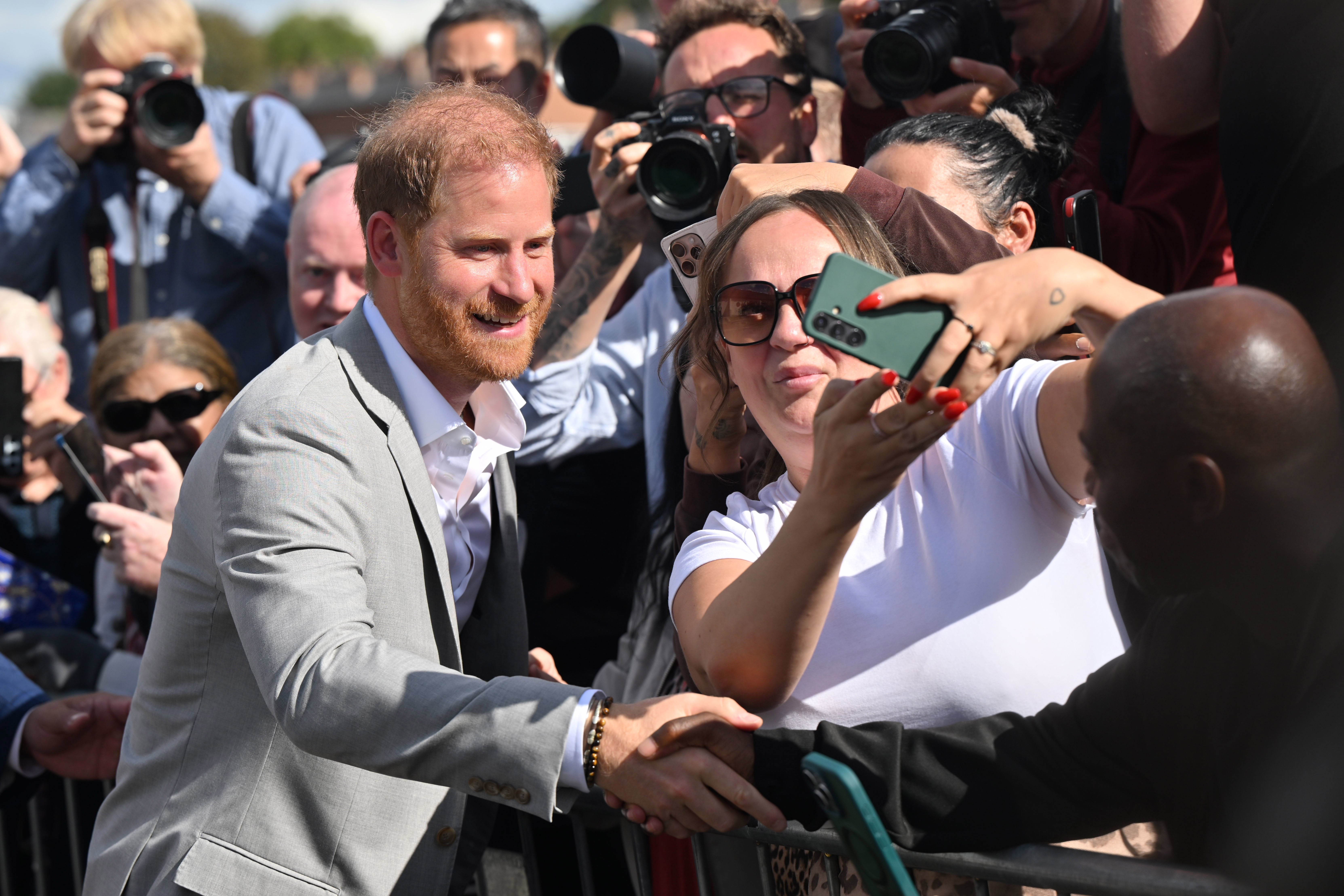 Prince Harry greets a crowd after visiting the community recording studio in St. Anns on September 9, 2025 in Nottingham, England. (Photo by Paul Grover - WPA Pool/Getty Images)