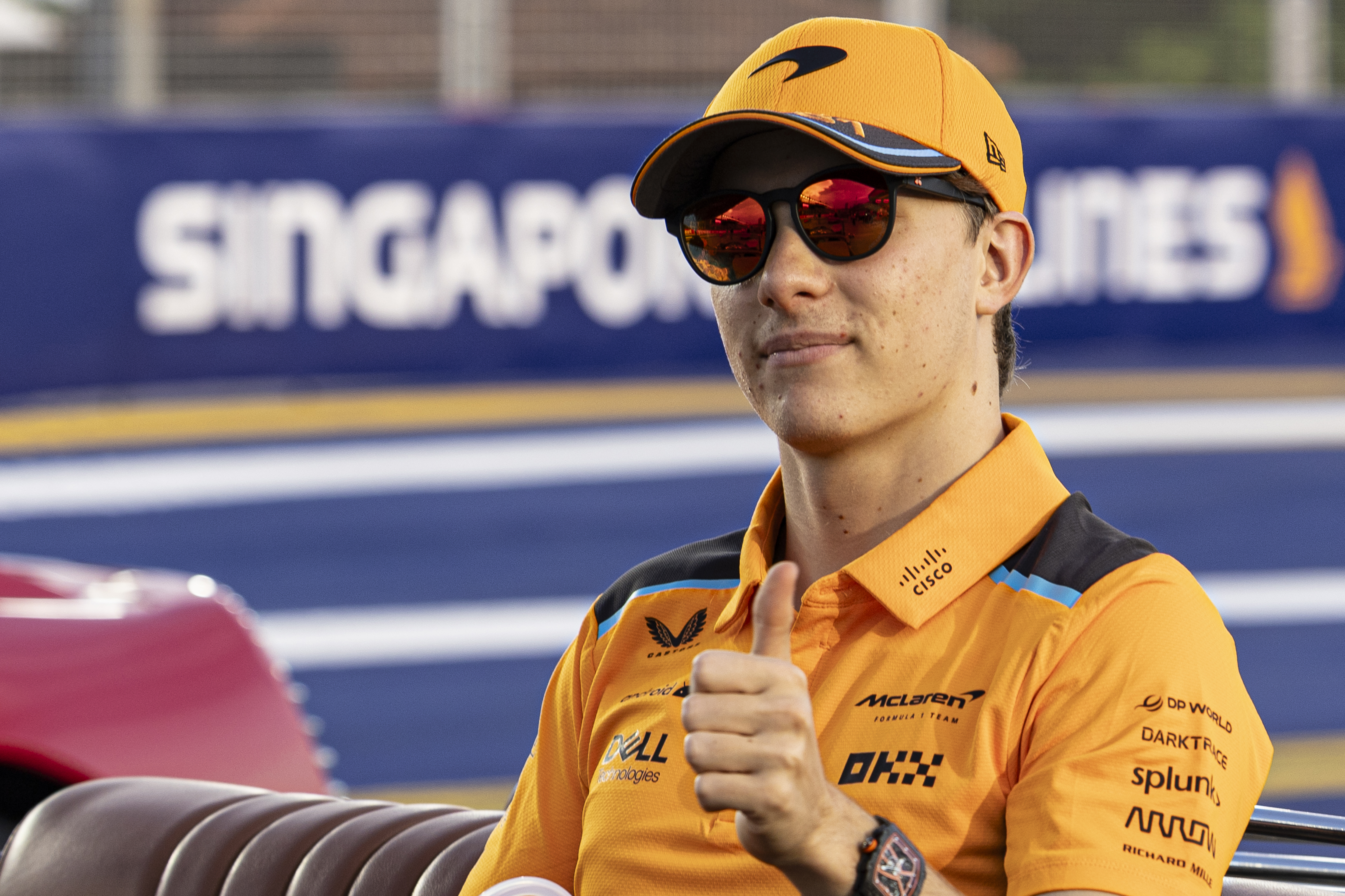 Oscar Piastri of Australia and McLaren looks during the drivers parade prior to the F1 Grand Prix of Singapore at Marina Bay Street Circuit on September 17, 2023 in Singapore, Singapore. (Photo by Edmund So/Eurasia Sport Images/Getty Images)