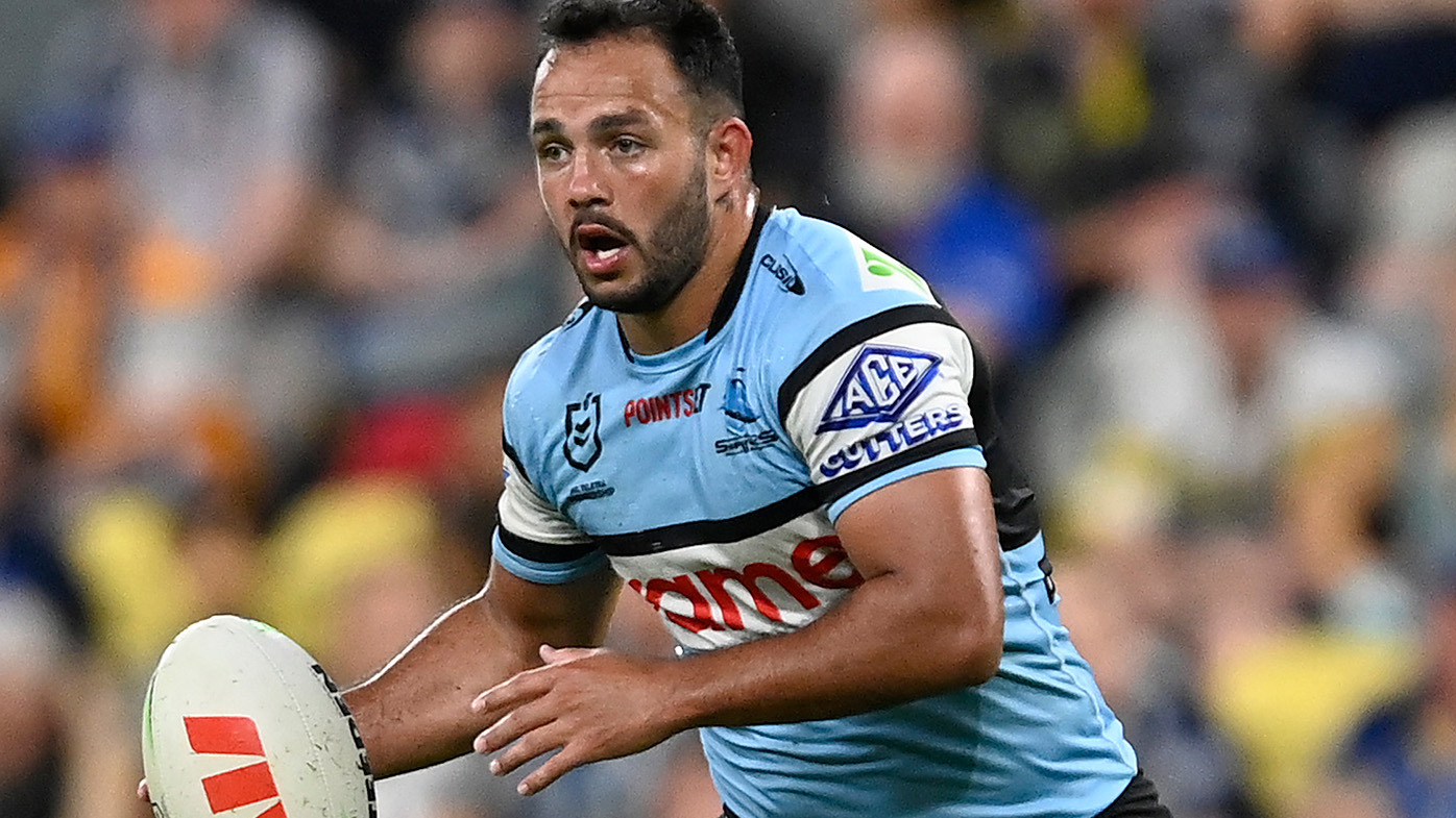 Braydon Trindall of the Sharks runs the ball during the round 25 NRL match between North Queensland Cowboys and Cronulla Sharks at Qld Country Bank Stadium on August 17, 2023 in Townsville, Australia. (Photo by Ian Hitchcock/Getty Images)