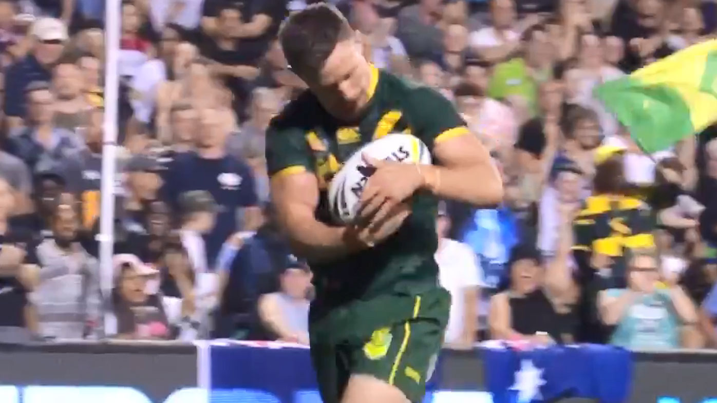 NRL news: Damien Cook celebrates an intercept try with a ...