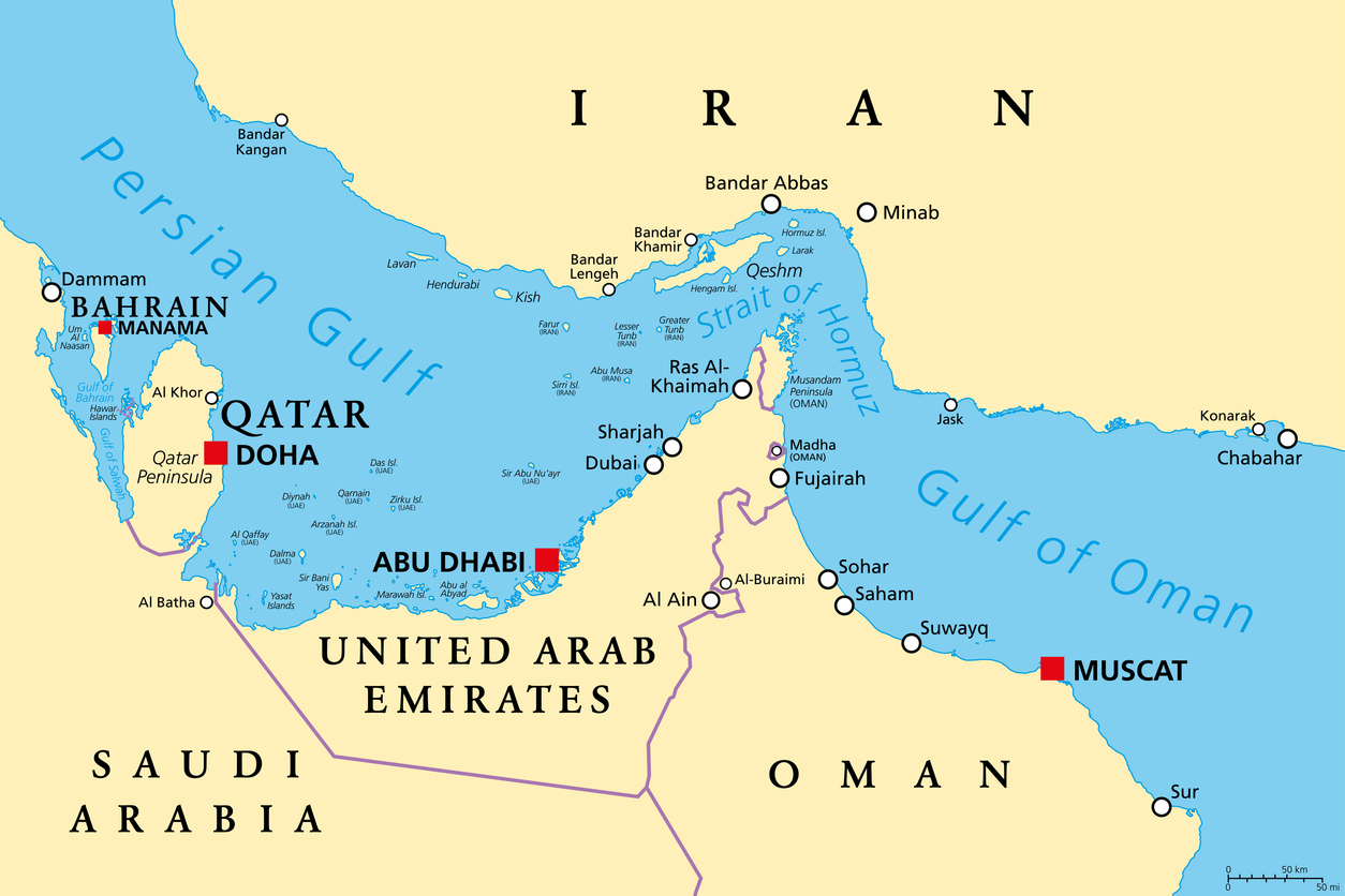 Strait of Hormuz, political map. Waterway between Persian Gulf and Gulf of Oman, a strategically extremely important choke point, with Iran to the north and UAE and Oman exclave Musandam to the south.