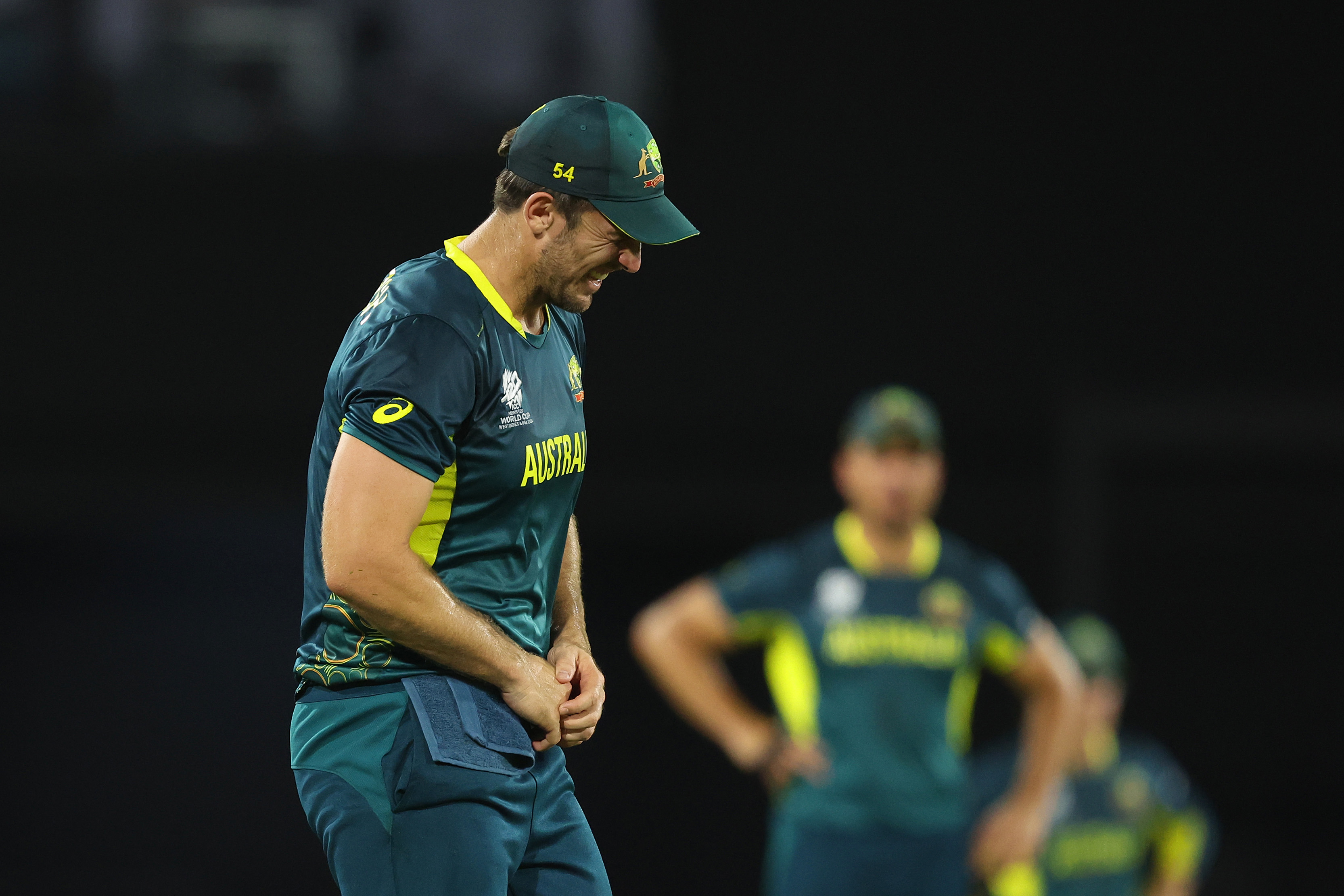 Mitchell Marsh reacts after dropping a catch during the ICC Men's T20 Cricket World Cup West Indies & USA 2024 match between Australia and Scotland at  Daren Sammy National Cricket Stadium on June 15, 2024 in Gros Islet, Saint Lucia. (Photo by Robert Cianflone/Getty Images)