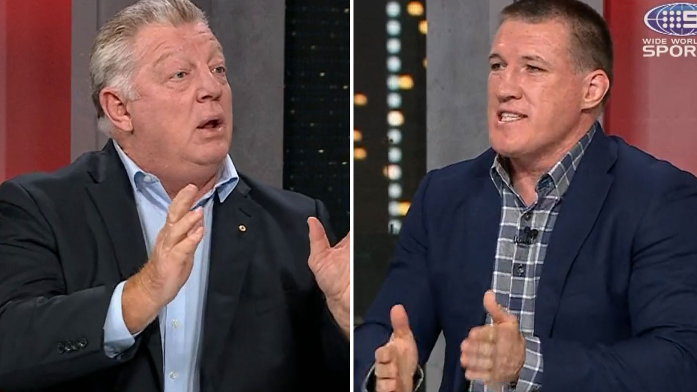 Phil Gould and Paul Gallen clash over Felise Kaufusi's elbow. (Nine)
