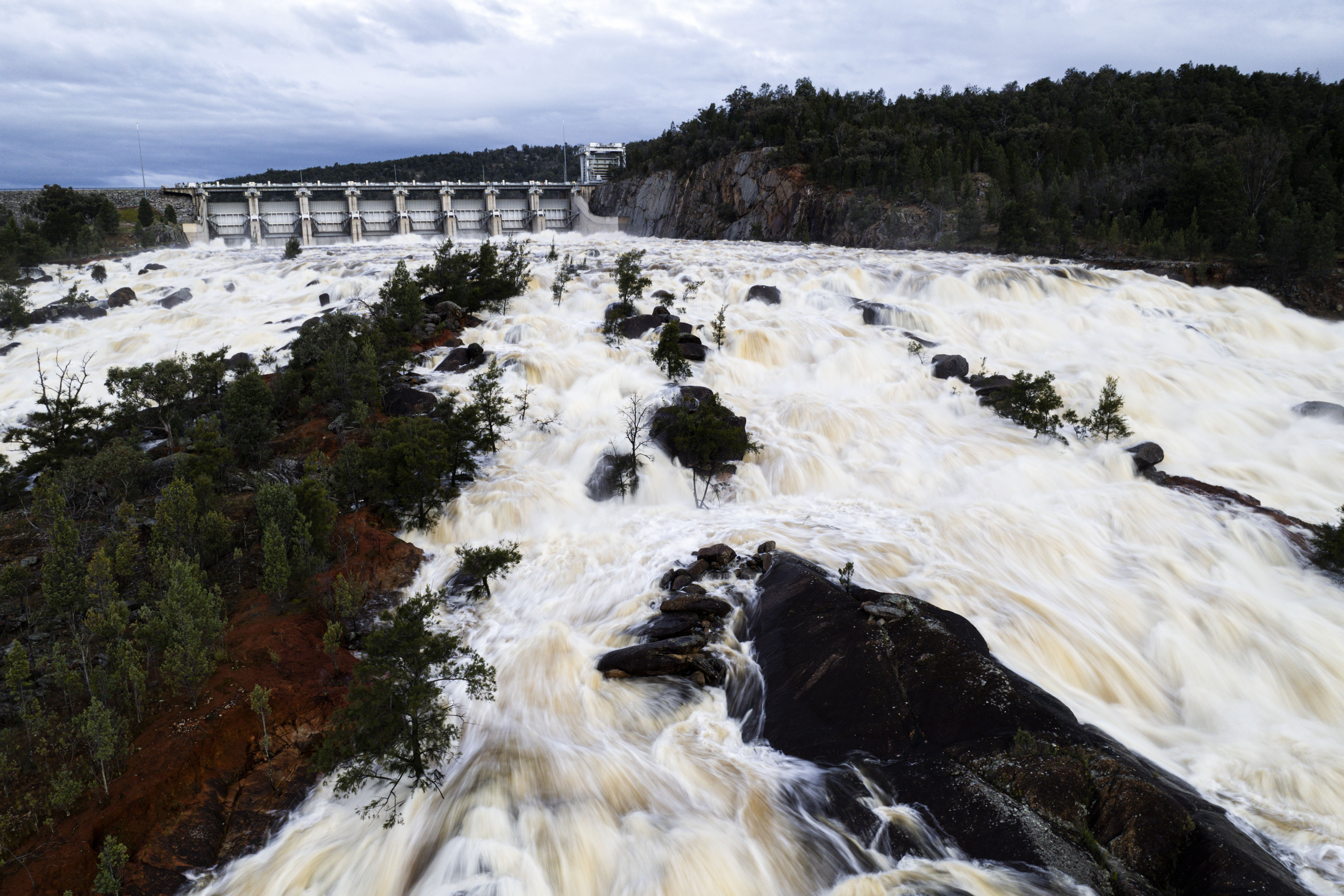 Yesterday the dam spilt after reaching almost 104 per cent capacity and made its way downriver.
