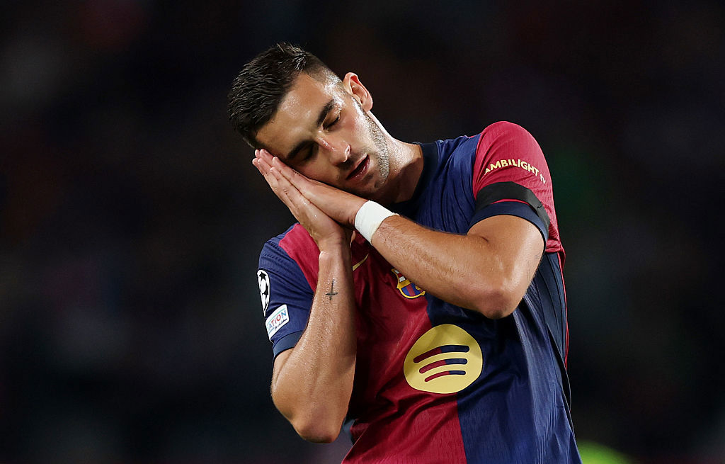 Ferran Torres of Barcelona celebrates scoring his team's second goal.
