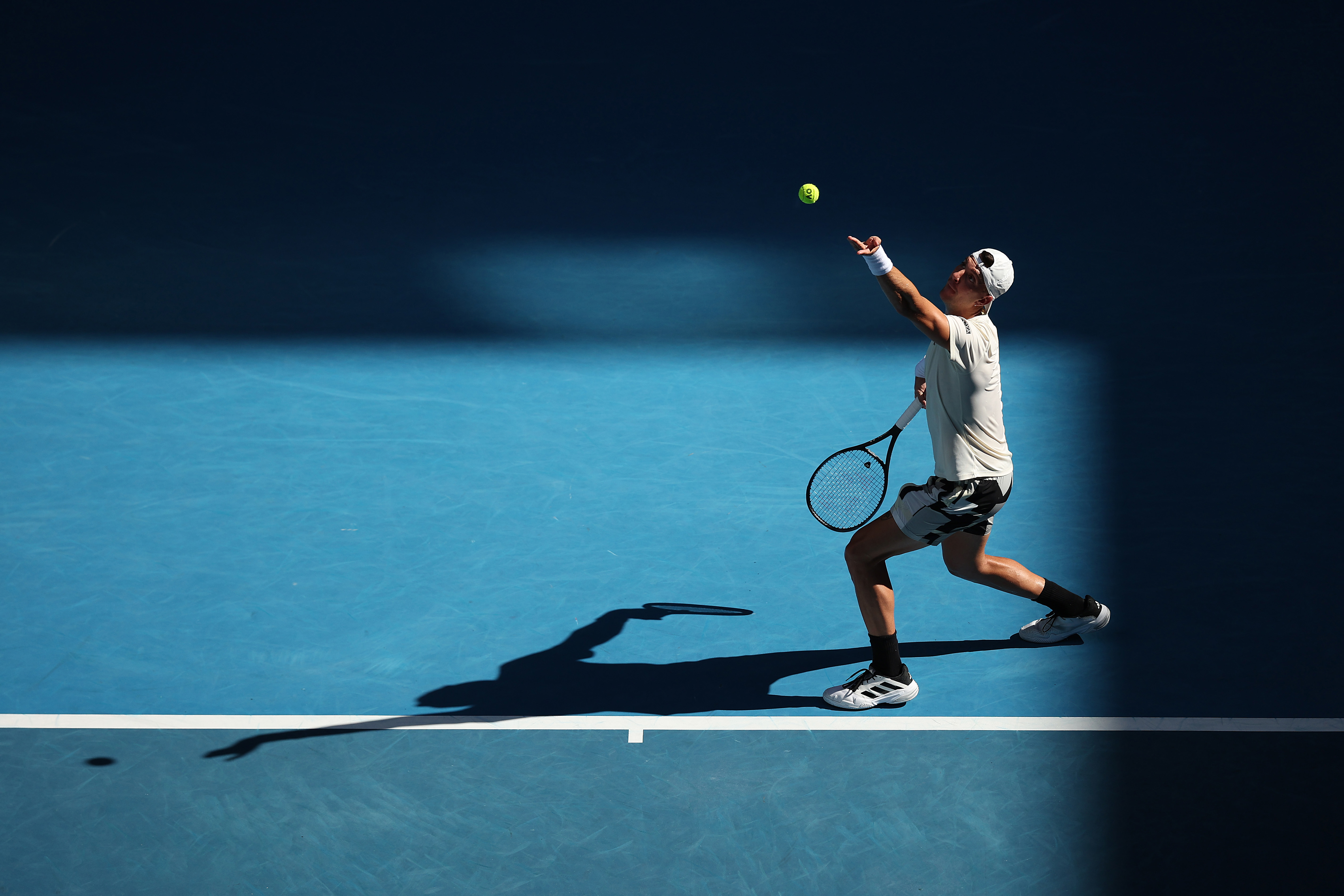 Thanasi Kokkinakis of Australia serves in their round one singles match against Sebastian Ofner of Austria during the 2024 Australian Open at Melbourne Park on January 16, 2024 in Melbourne, Australia. (Photo by Daniel Pockett/Getty Images)