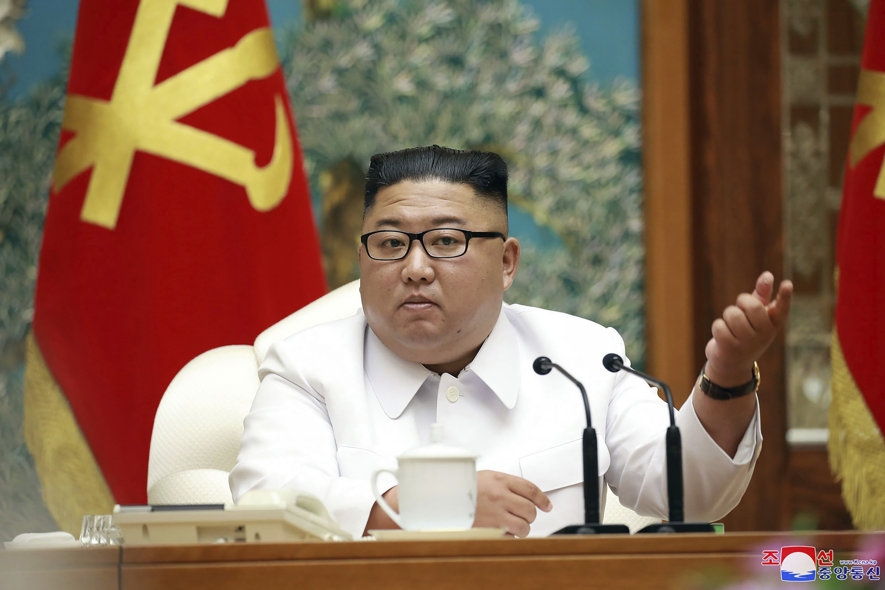 North Korean leader Kim Jong Un attends an emergency Politburo meeting in Pyongyang, North Korea.