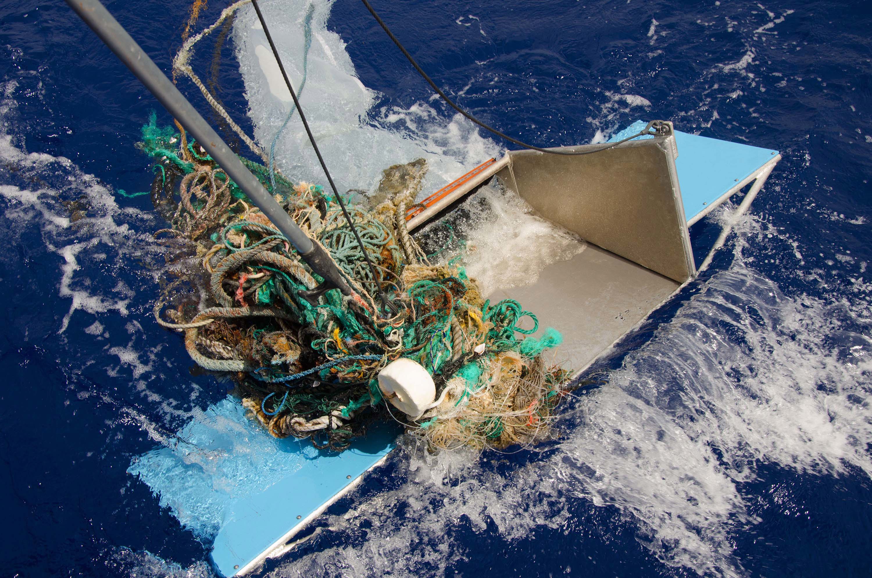 Abandoned nets, ropes and other plastic garbage are pulled out of the ocean at the Great Pacific Garbage Patch (GPGP), located halfway between Hawaii and California.