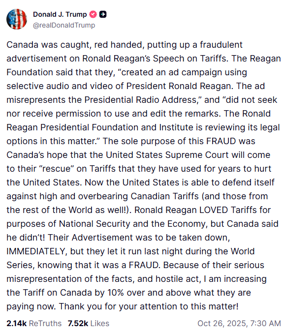 Donald Trump Truth Social post on Canada tariffs