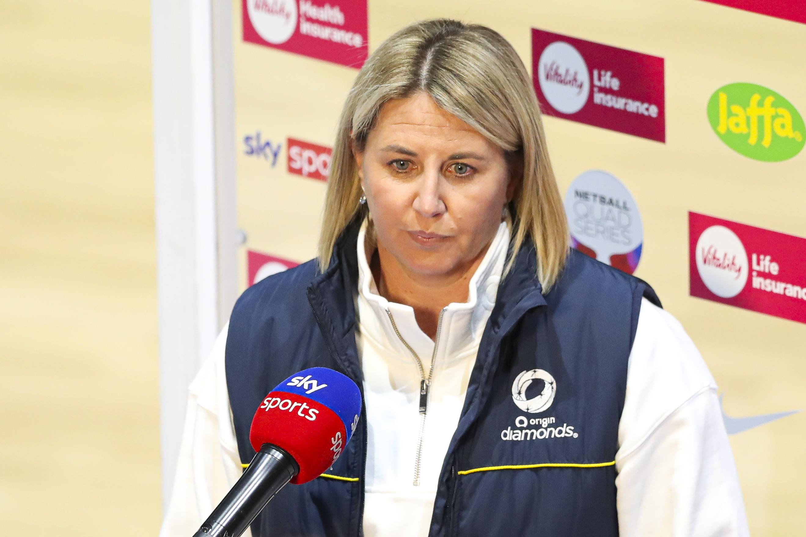 Diamond's coach Stacey Marinkovich speaks to the media after Australia were crowned champions at the Netball Quad Series in January.