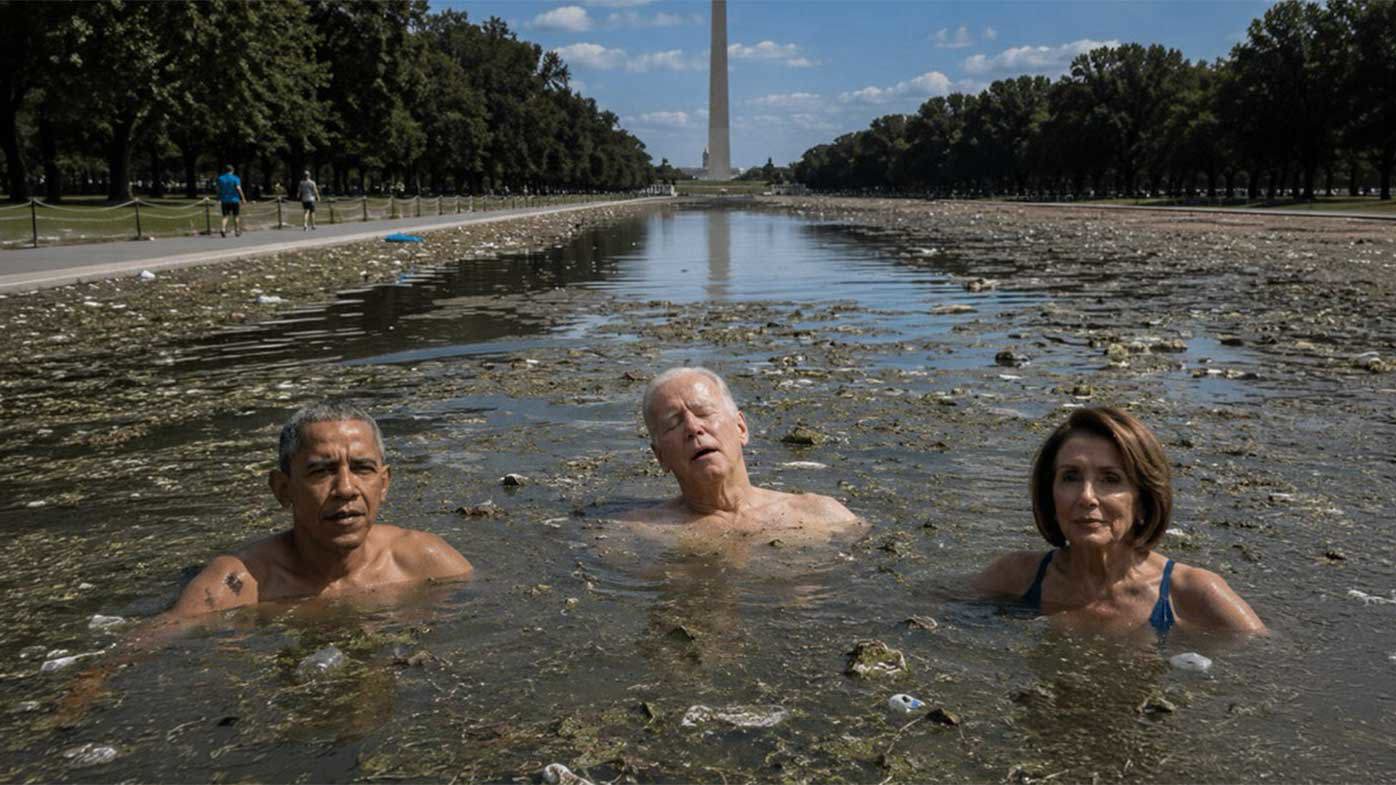 Donald Trump posted this image of Barack Obama, Joe Biden and Nancy Pelosi bathing in sewage.