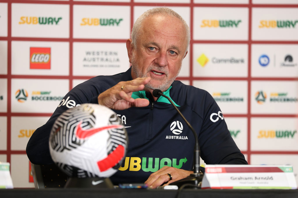 Graham Arnold speaks to the media after the Palestine-Australia game. 