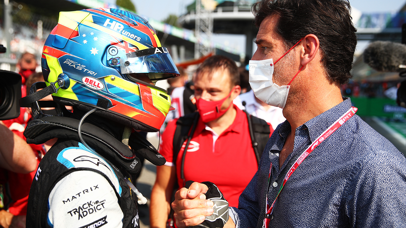Mark Webber congratulates Oscar Piastri after his F2 win at Monza.