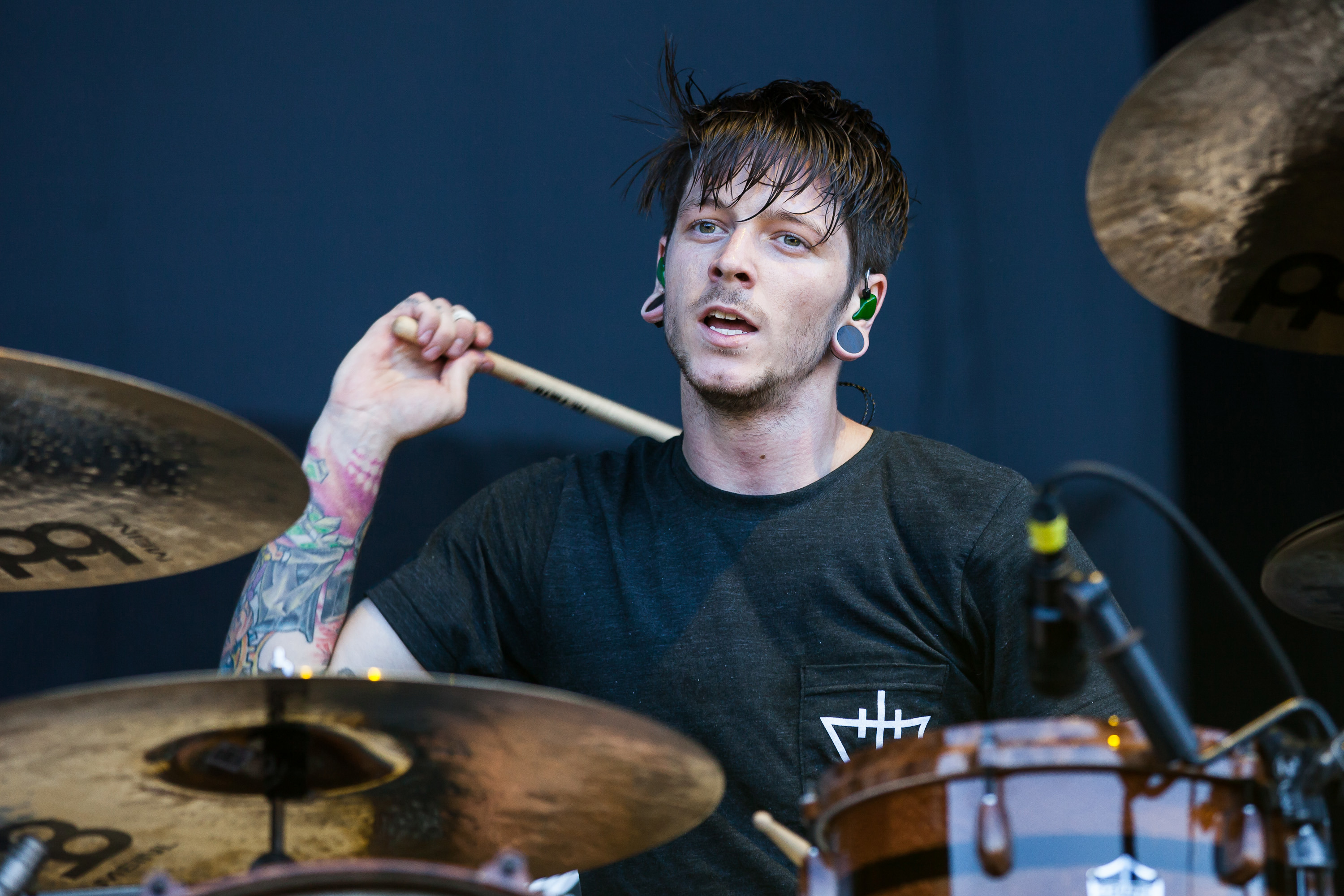 SAN BERNARDINO, CA - JUNE 30: Drummer Daniel Williams of The Devil Wears Prada performs at the Rockstar Energy Drink Mayhem Festival at San Manuel Amphitheater on June 30, 2012 in San Bernardino, California. (Photo by Chelsea Lauren/Getty Images)