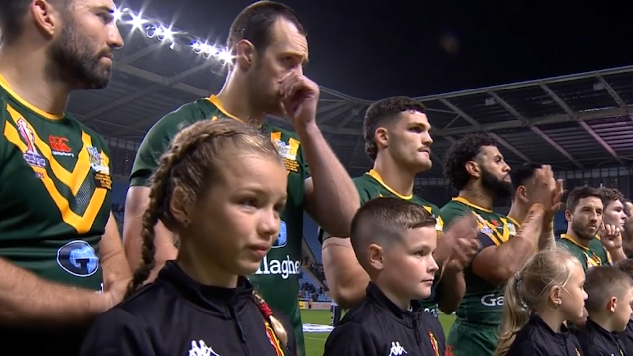 Isaah Yeo wiped away a tear at the conclusion of a moments silence for Liam Hampson ahead of the Rugby League World Cup clash between the Kangaroos and Scotland.
