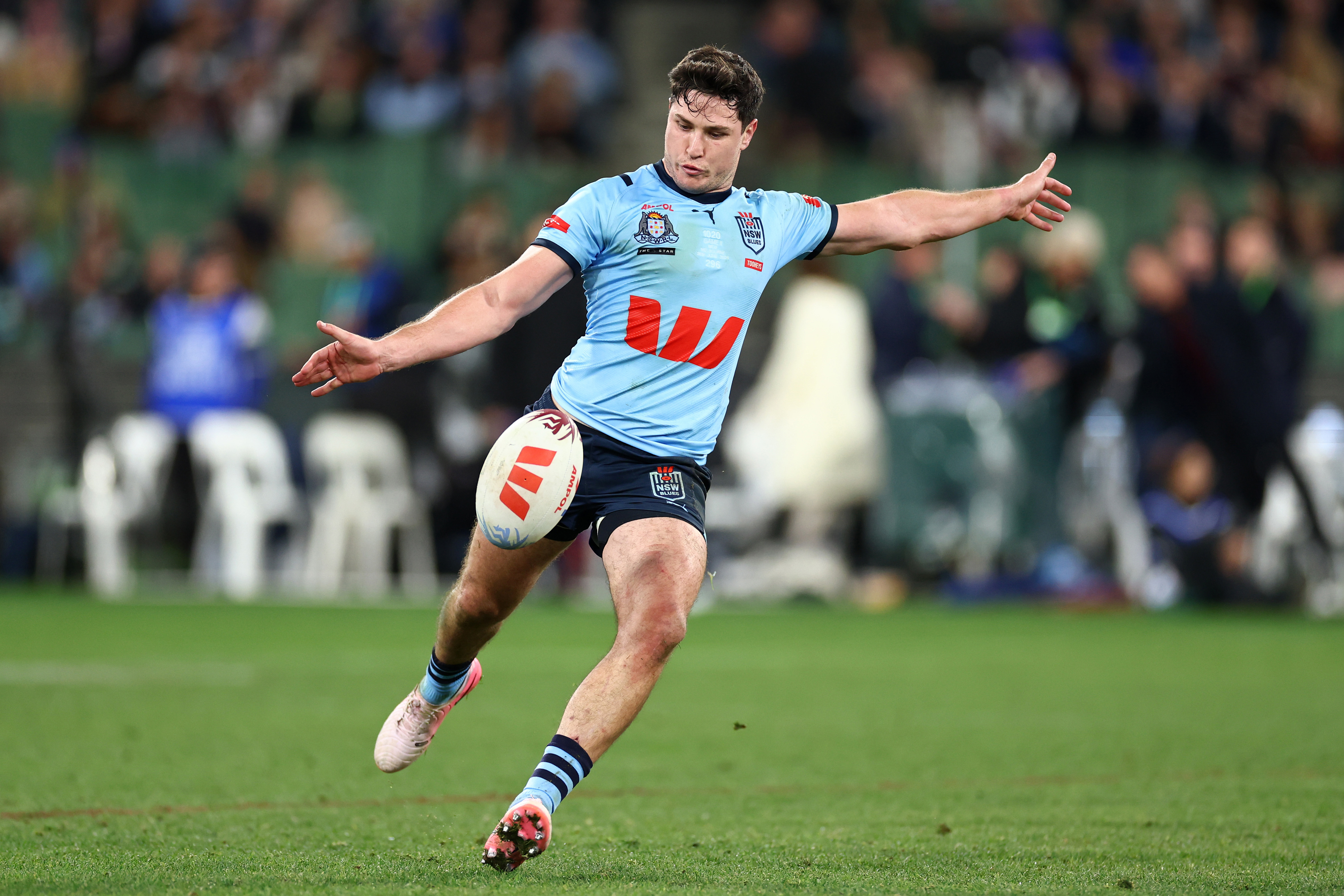 Mitchell Moses of the Blues kicks during game two of the men's State of Origin series.