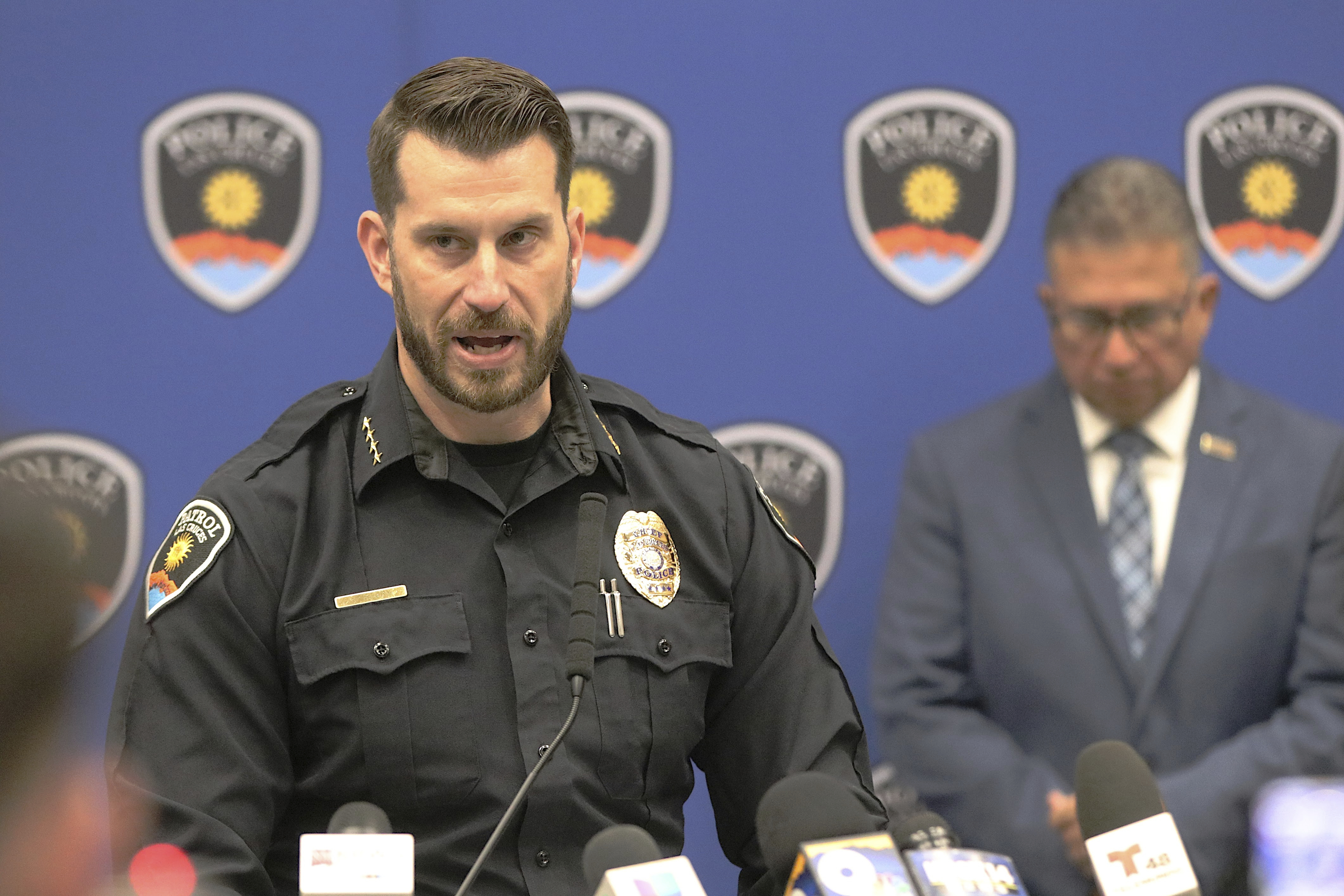 Las Cruces Police Chief Jeremey Story speaks at a news conference on March 22, 2025 a day after a mass shooting at Young Park in Las Cruces, N.M. (Justin Garcia/The Albuquerque Journal via AP)