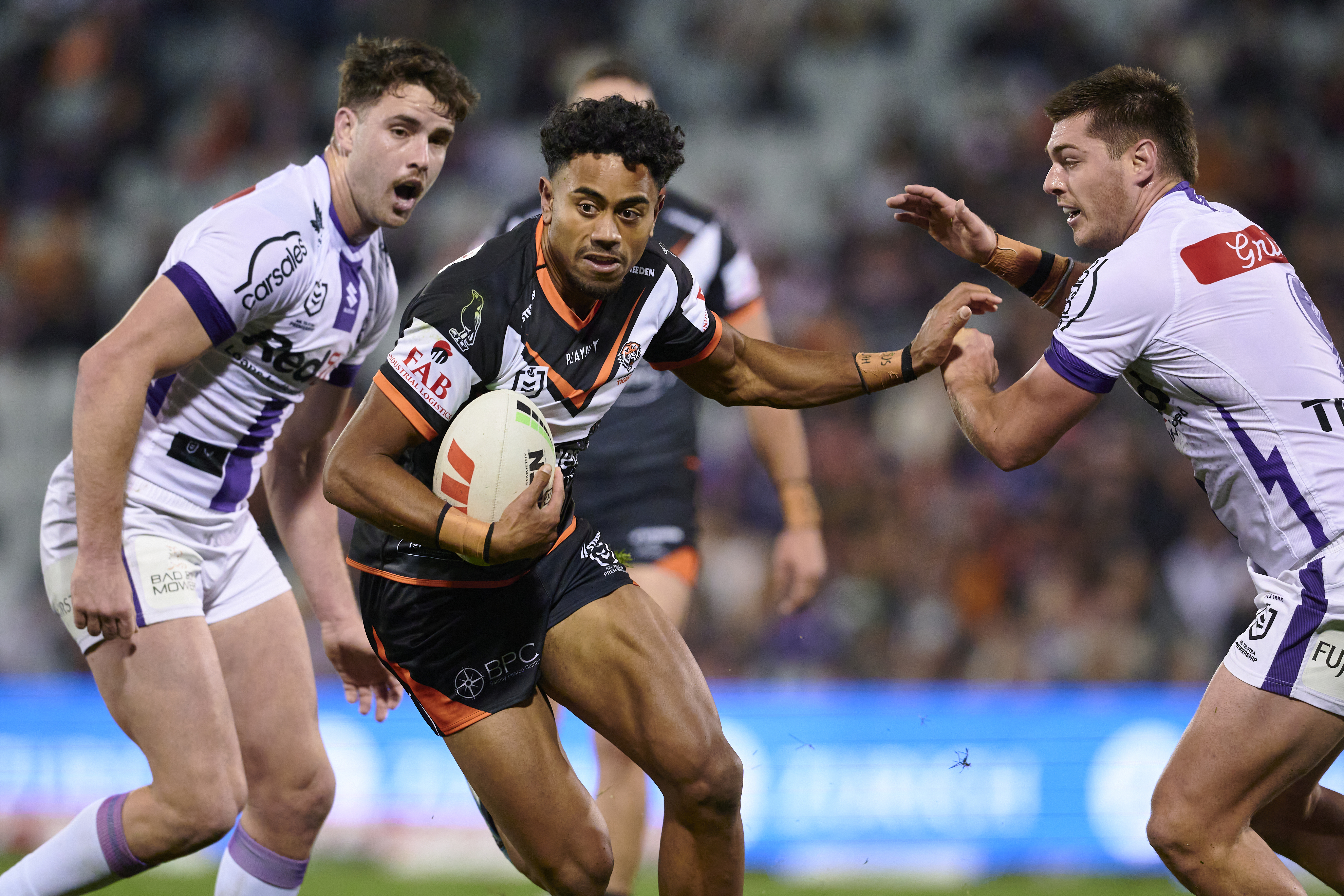 Jahream Bula pictured in action for the Wests Tigers in 2023