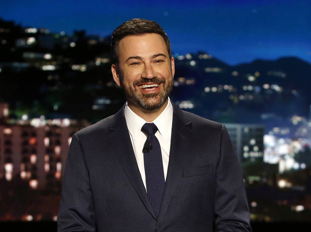 In this April 11, 2017 photo, host Jimmy Kimmel appears during a taping of "Jimmy Kimmel Live," in Los Angeles. Kimmel says his newborn son is home and doing great after open-heart surgery. A tearful Kimmel turned his show's monologue Monday, May 1, into an emotional recounting of the crisis with what Kimmel called a "happy ending."  (Randy Holmes/ABC via AP)