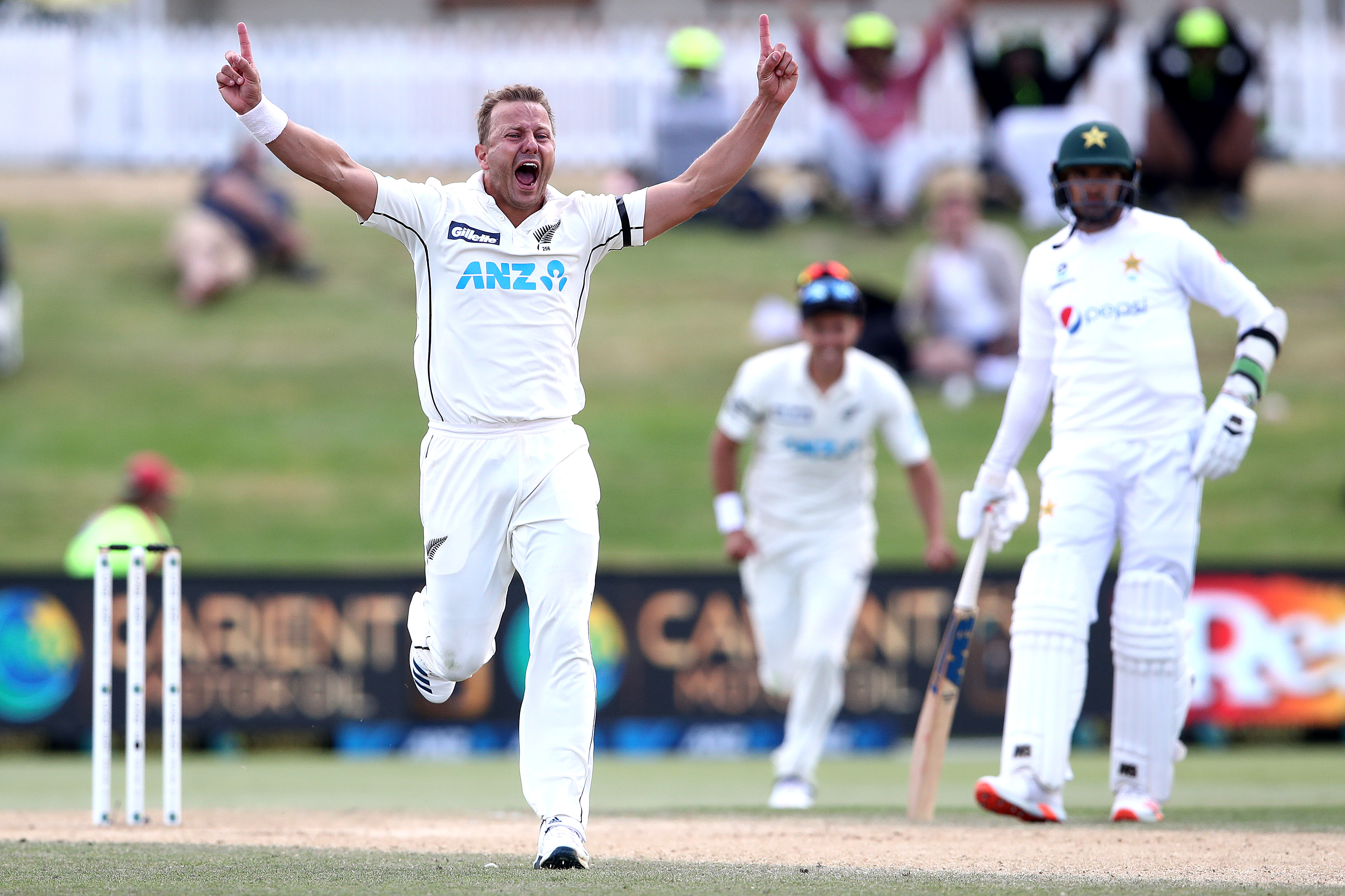 Neil Wagner of New Zealand celebrates his wicket of Faheem Ashraf  of Pakistan.