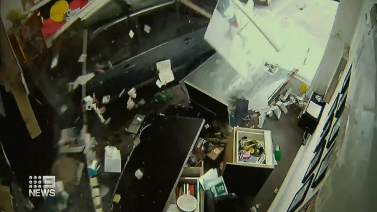 Vision captured the terrifying moment a car ploughed through the front glass window of the Broadmeadows Family Day Care office on Friday.