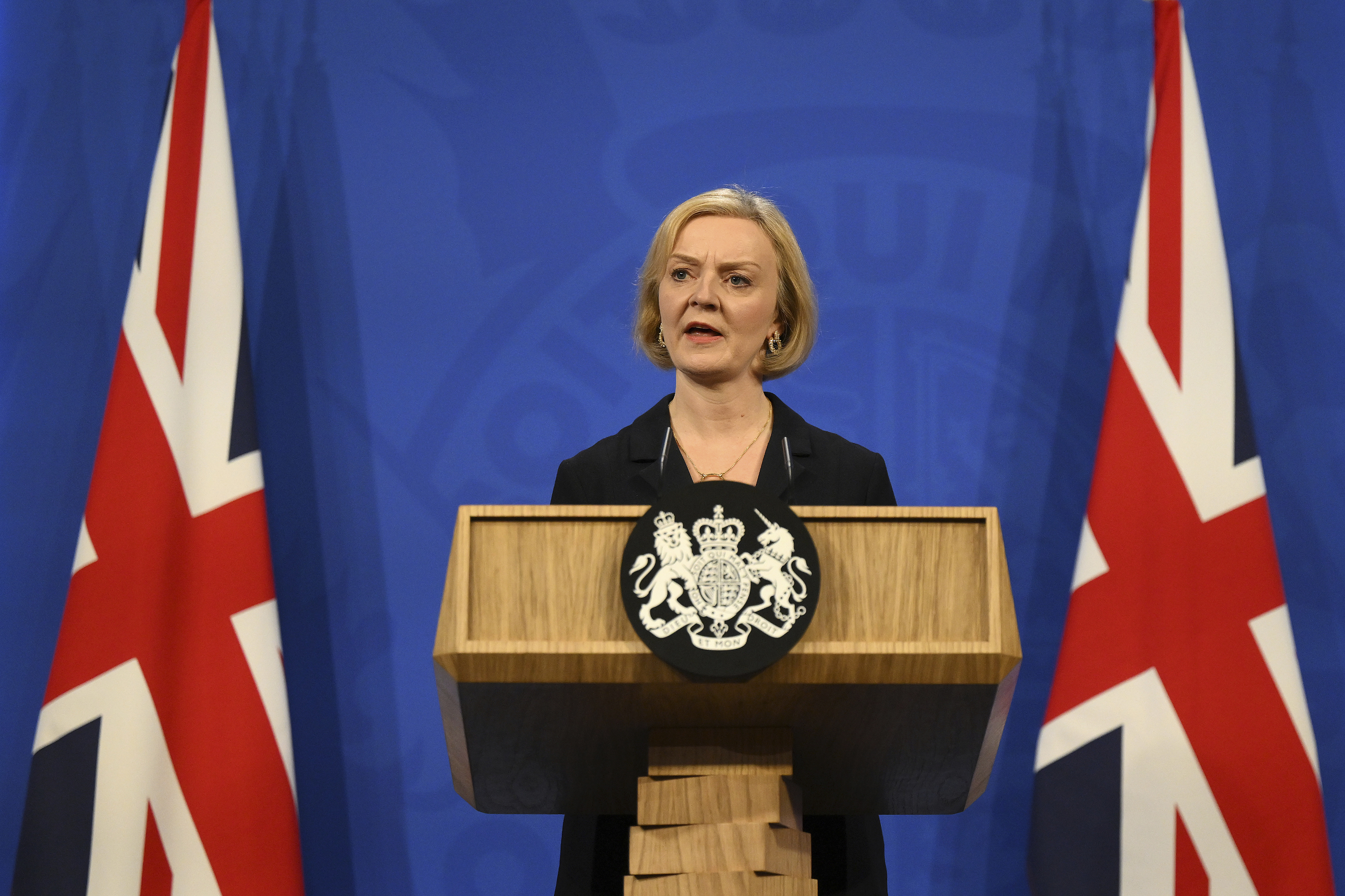 UK Prime Minister Liz Truss attends a press conference in the Downing Street Briefing Room in central London, Friday Oct. 14, 2022, following the sacking of the finance minister in response to a budget that sparked markets chaos