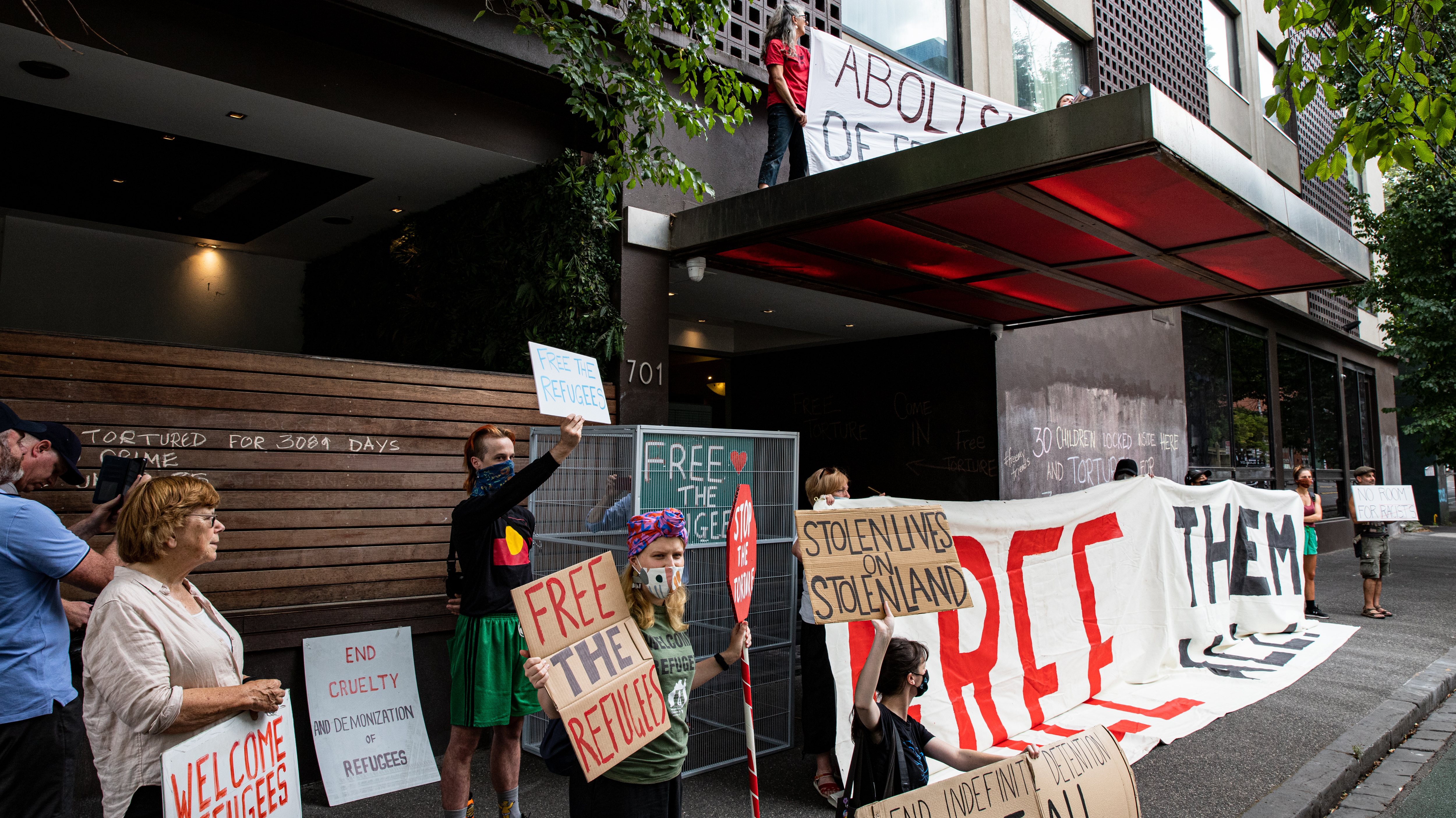 Activists in support of the refugees held at Melbourne's Park Hotel,  where Novak Djokovic was taken pending his removal from the country after his visa was cancelled.