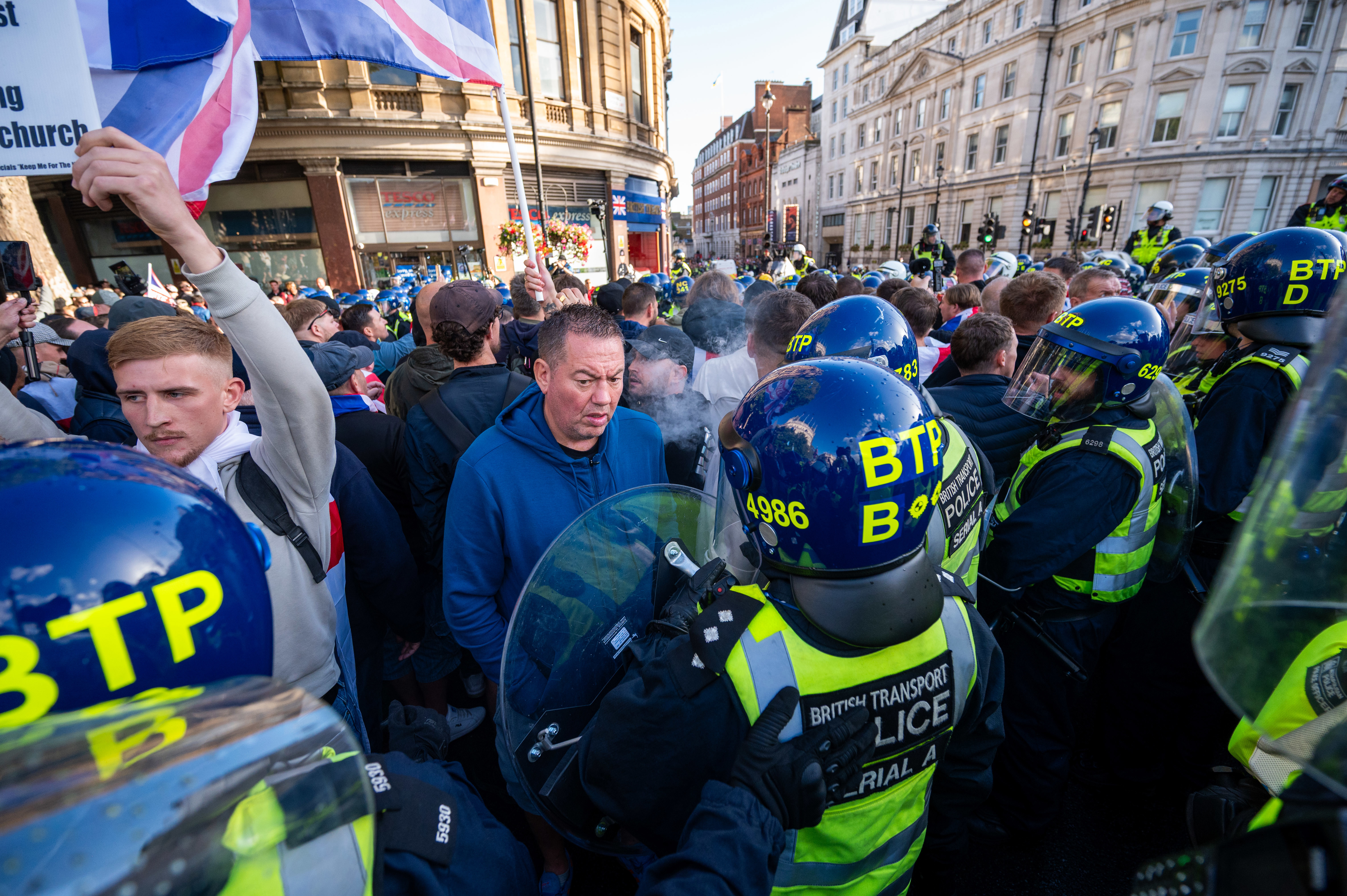 Protesters clash with members of the Police in Trafalgar Square on September 13, 2025 in London, England.