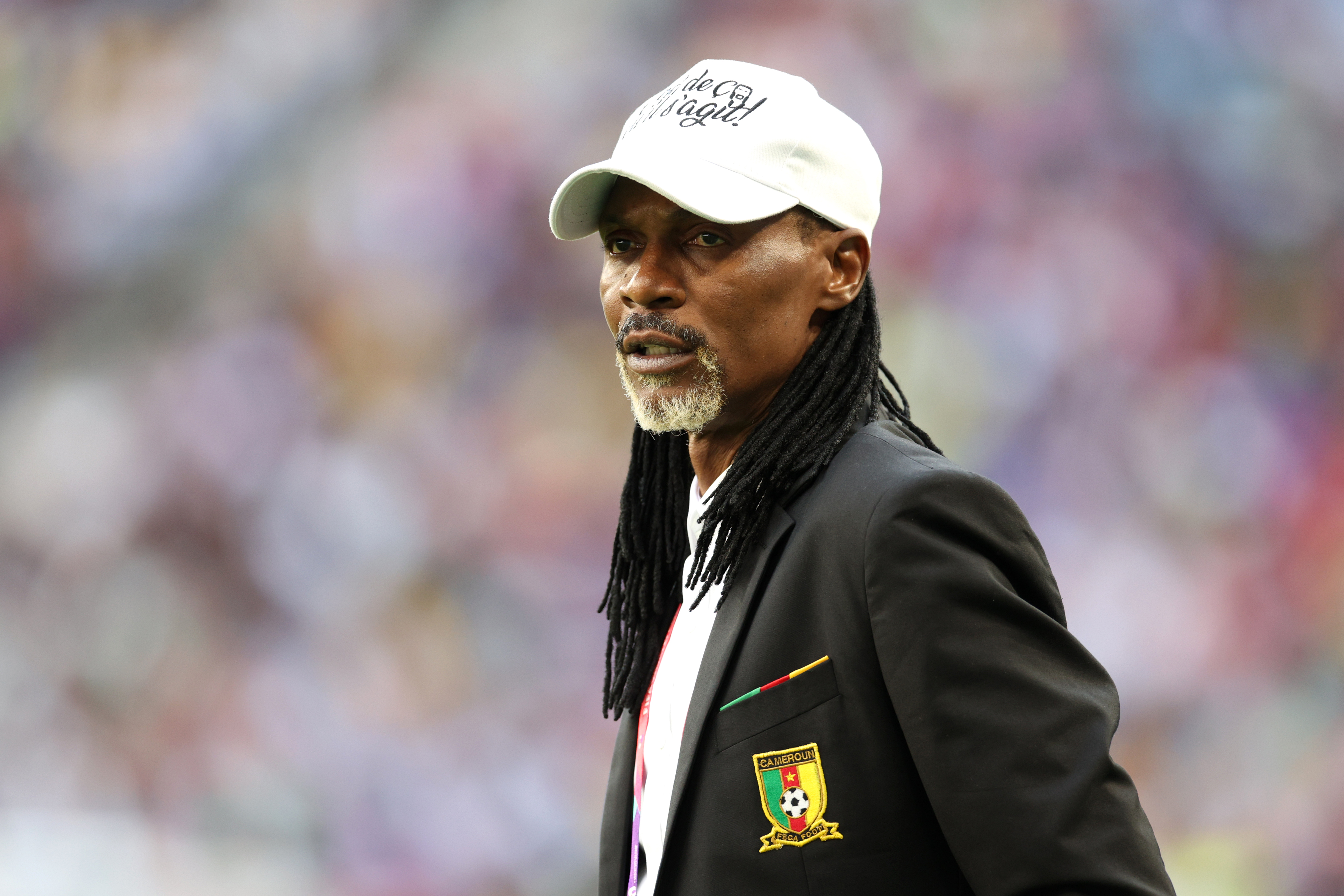 AL WAKRAH, QATAR - NOVEMBER 28: Rigobert Song, Head Coach of Cameroon, is seen during the FIFA World Cup Qatar 2022 Group G match between Cameroon and Serbia at Al Janoub Stadium on November 28, 2022 in Al Wakrah, Qatar. (Photo by Adam Pretty - FIFA/FIFA via Getty Images)