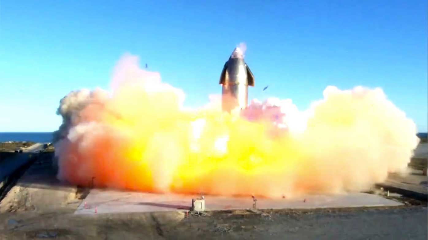 In this image taken from video posted by SpaceX, the company's Starship becomes engulfed in flames and ruptures upon touching down after a test flight.