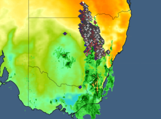 A satellite image shows a band of rain and storms extending across NSW and Victoria.