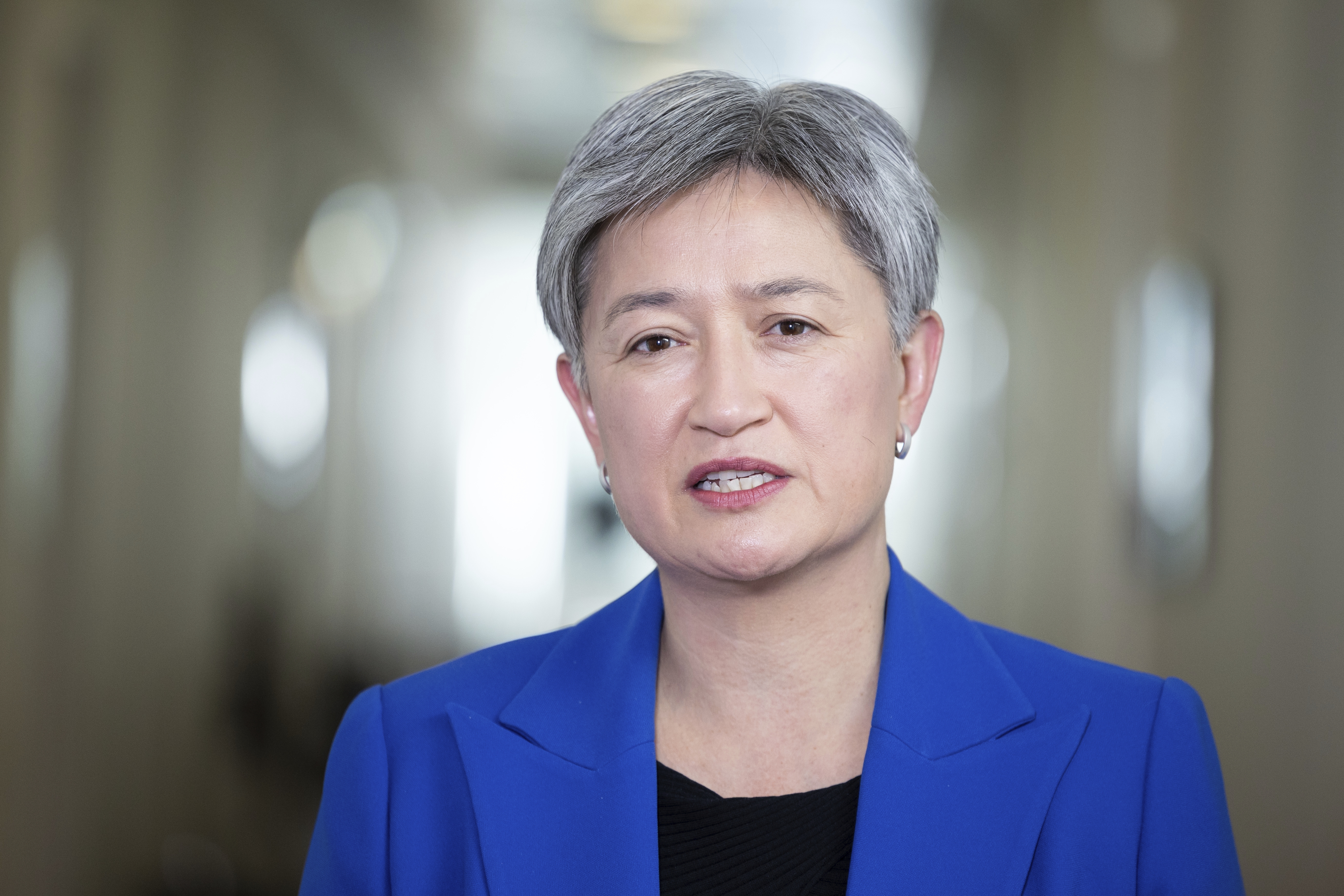 Minister for Foreign Affairs Penny Wong during a doorstop interview at Parliament House in Canberra on Tuesday 6 September 2022. fedpol Photo: Alex Ellinghausen