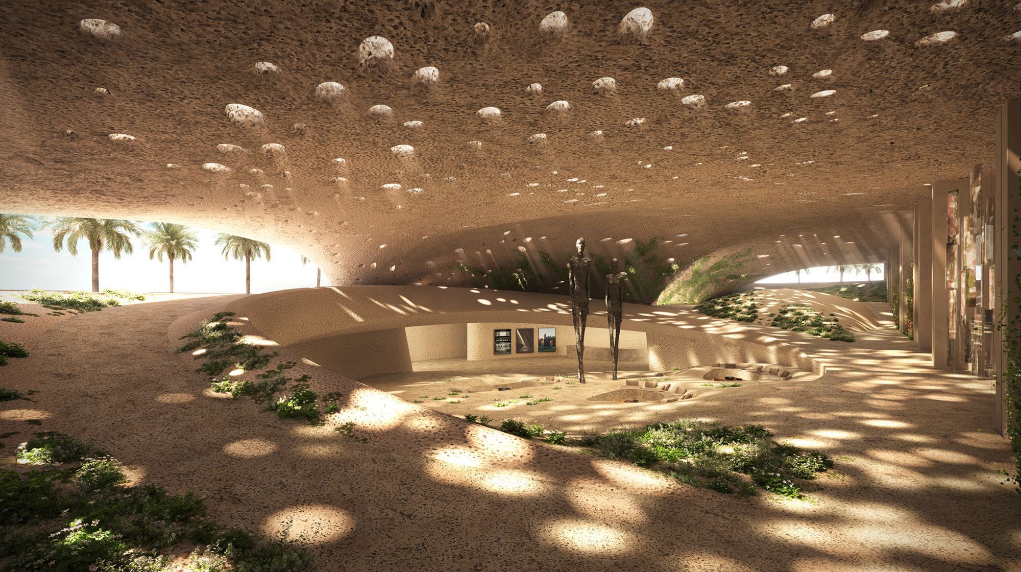 An "oasis" will be "hidden beneath a vast dune-like carapace at the foot of the tower," according to a press release. Courtesy RCR Arquitectes/Muraba