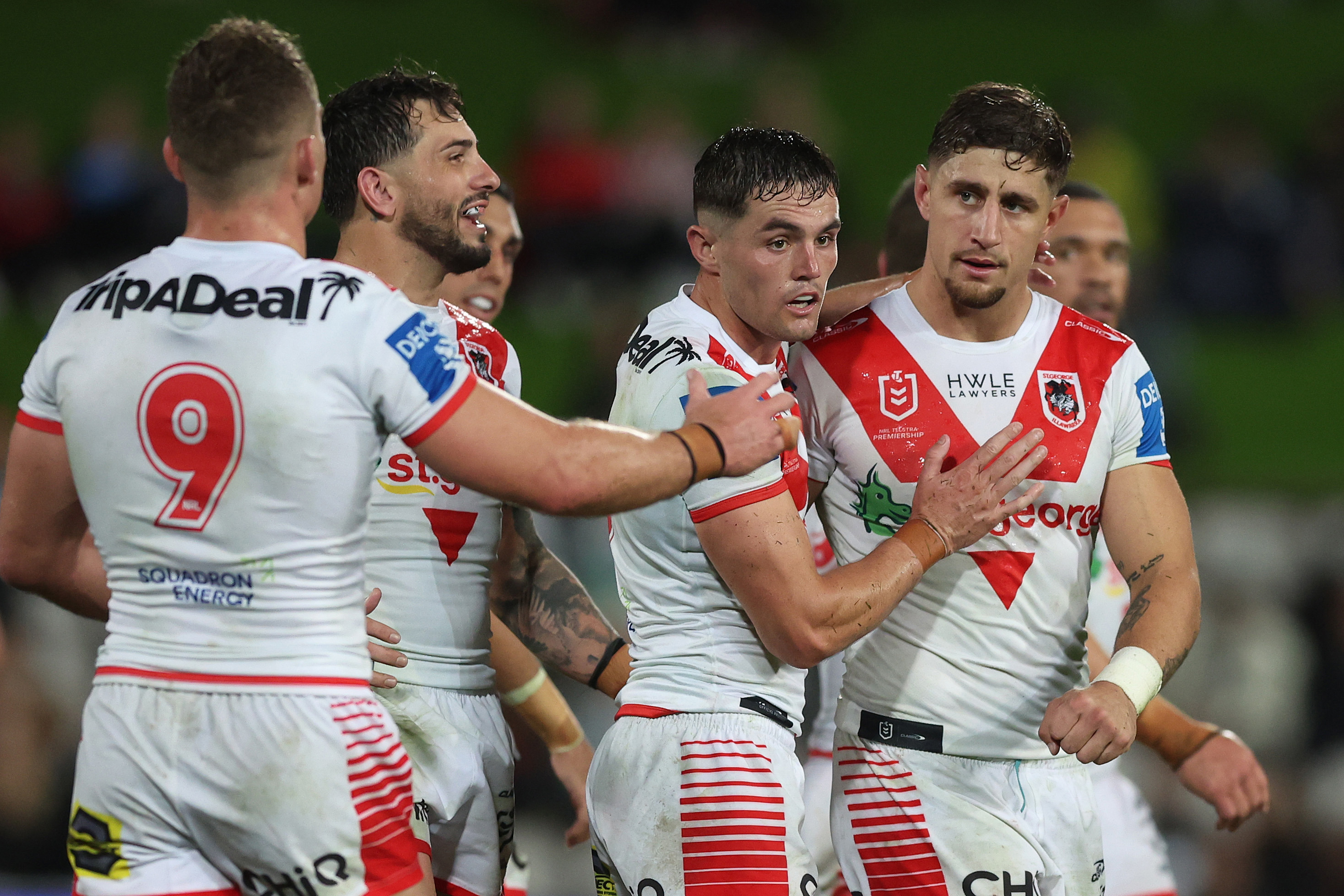 Zac Lomax celebrates a two-point field goal during the round 10 NRL match between the St George Illawarra Dragons and the South Sydney Rabbitohs.