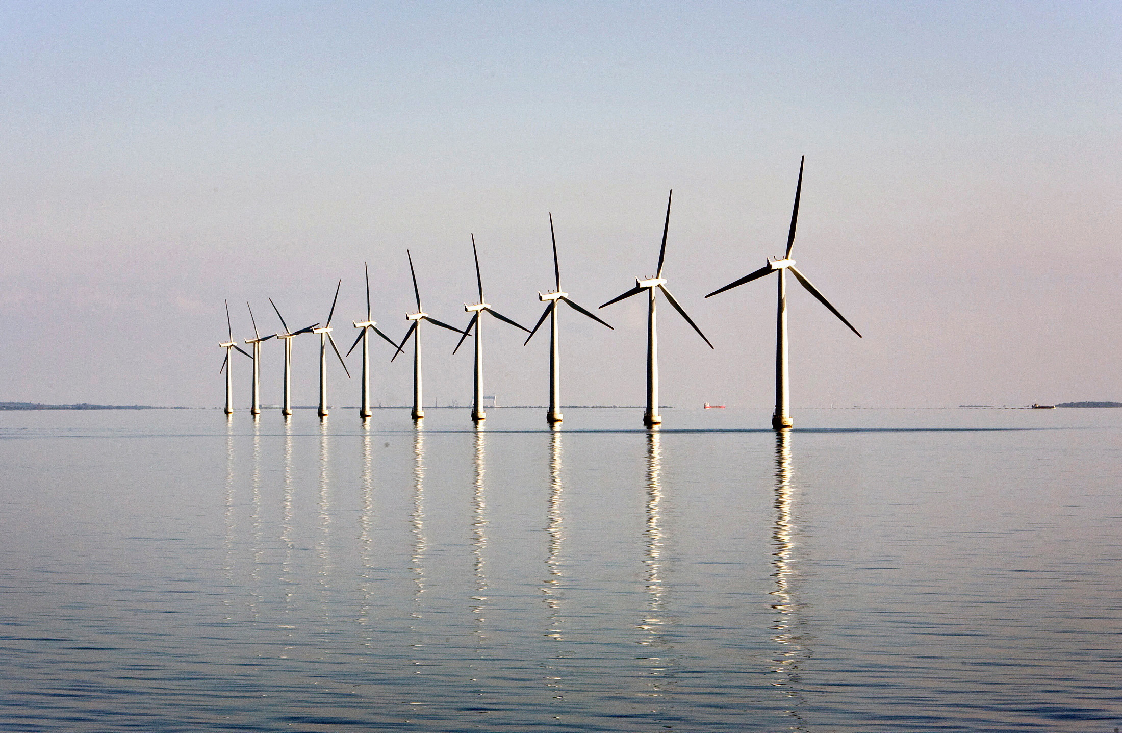 An offshore wind farm stands in the water near the Danish island of Samso.