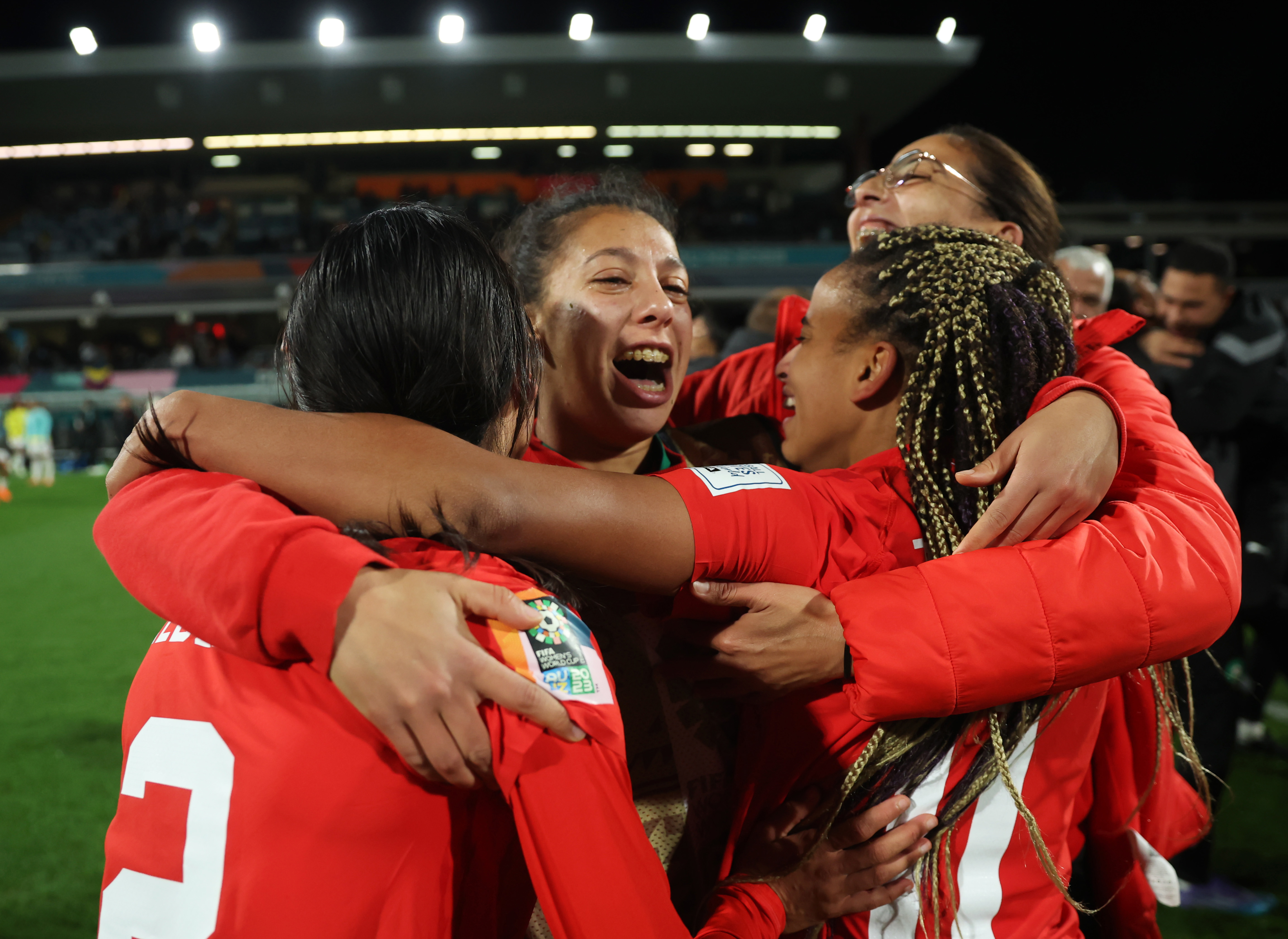 PERTH, AUSTRALIA - AUGUST 03: Morocco players celebrate advancing to the knock out stage after the 1-0 victory in the FIFA Women's World Cup Australia & New Zealand 2023 Group H match between Morocco and Colombia at Perth Rectangular Stadium on August 03, 2023 in Perth, Australia. (Photo by Alex Grimm - FIFA/FIFA via Getty Images)