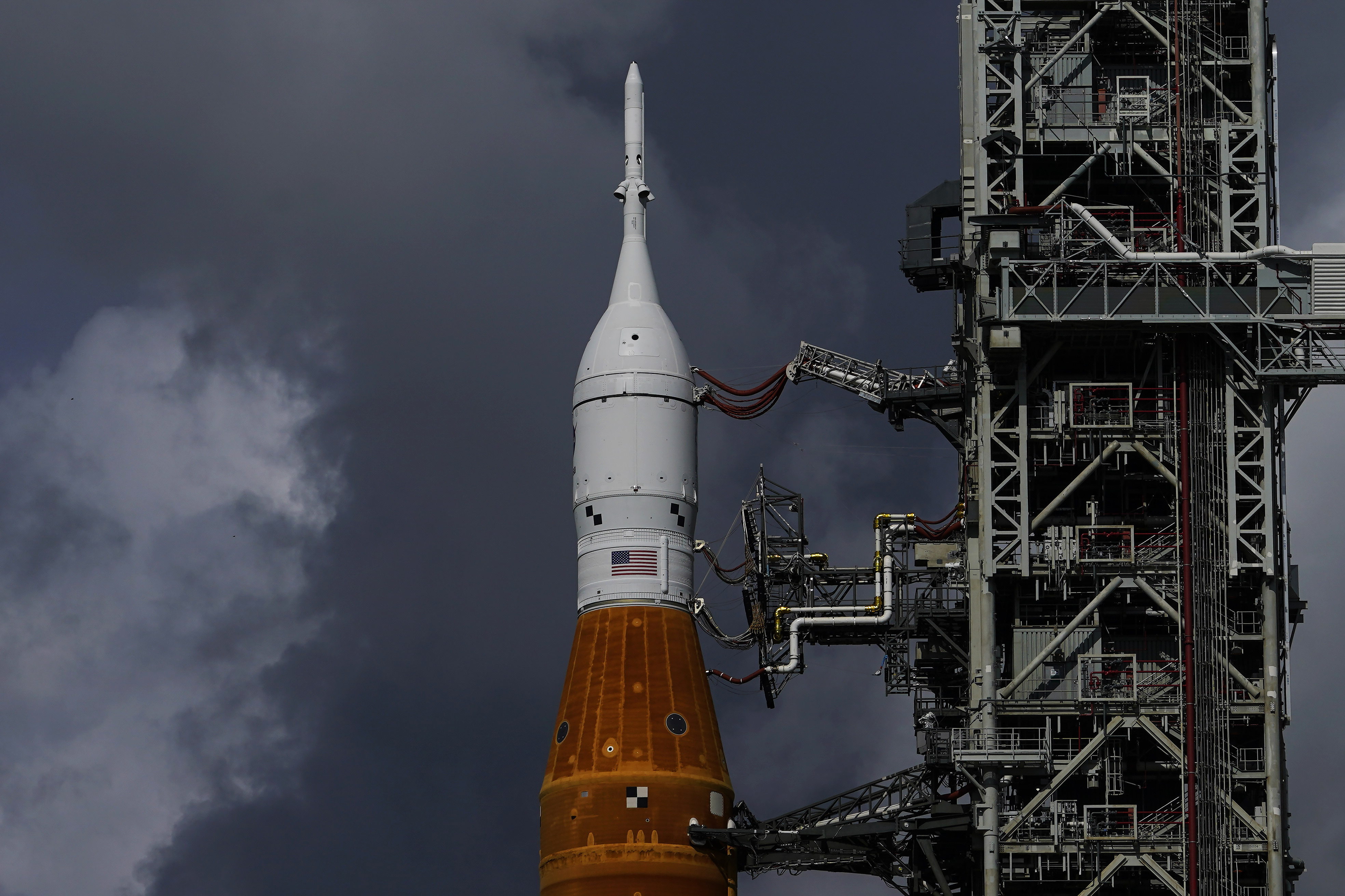 The NASA moon rocket stands on Pad 39B before the Artemis 1 mission to orbit the moon at the Kennedy Space Center, Friday, Sept. 2, 2022, in Cape Canaveral, Fla. (AP Photo/Brynn Anderson)