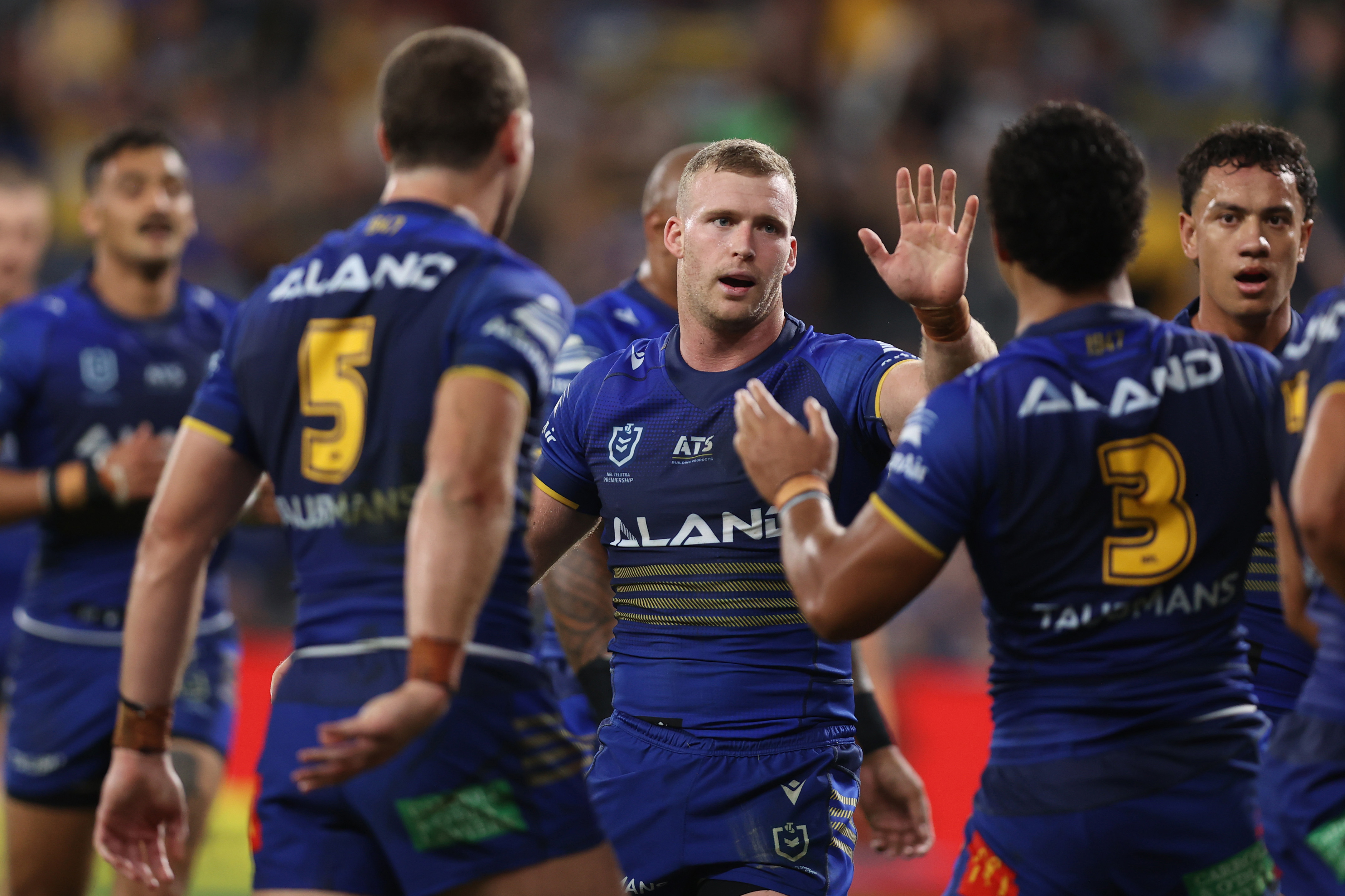 Joey Lussick celebrates scoring a try during the round six NRL match between the Parramatta Eels and the North Queensland Cowboys.