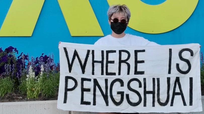 A protester asks "where is Peng Shuai?".