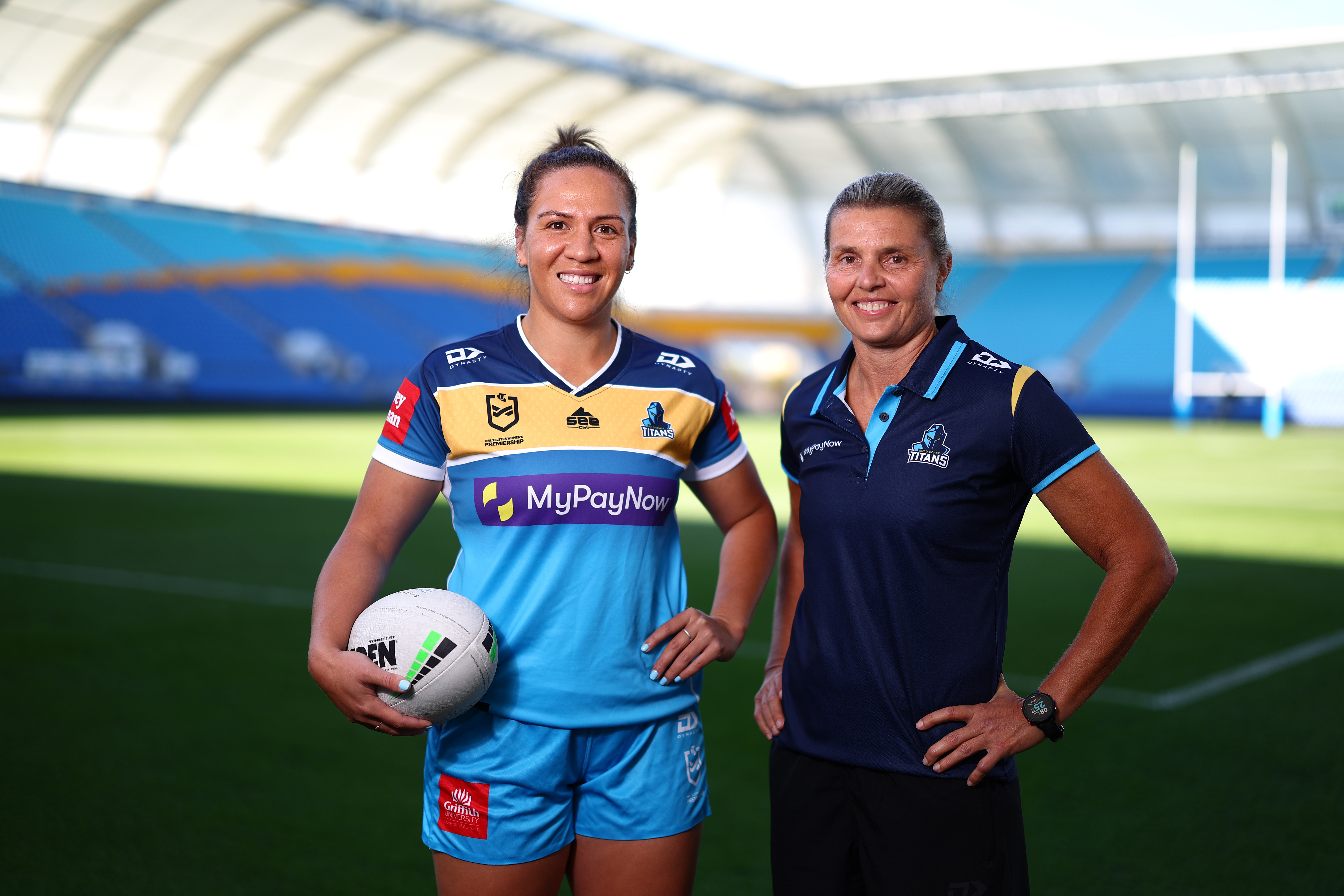 GOLD COAST, AUSTRALIA - AUGUST 25: NRLW coach Karyn Murphy and Evania Pelite pose during a Gold Coast Titans NRLW media opportunity at Cbus Super Stadium on August 25, 2022 in Gold Coast, Australia. (Photo by Chris Hyde/Getty Images)