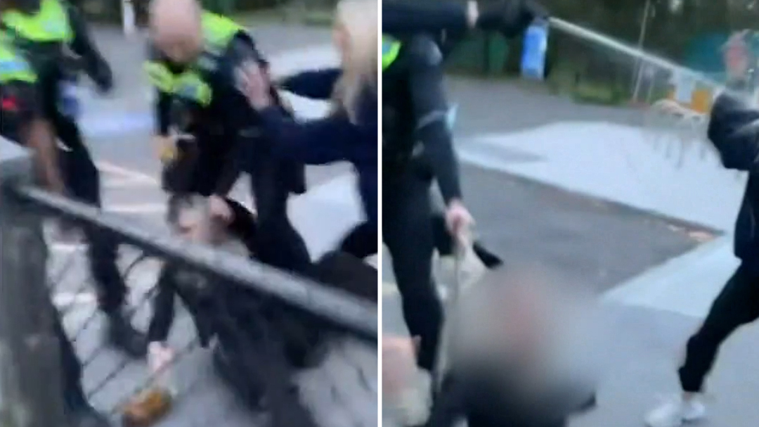 Footage shows a police officer grabbing a 15-year-old girl's hoodie and pulling her to the ground near a park in Melbourne's inner east.