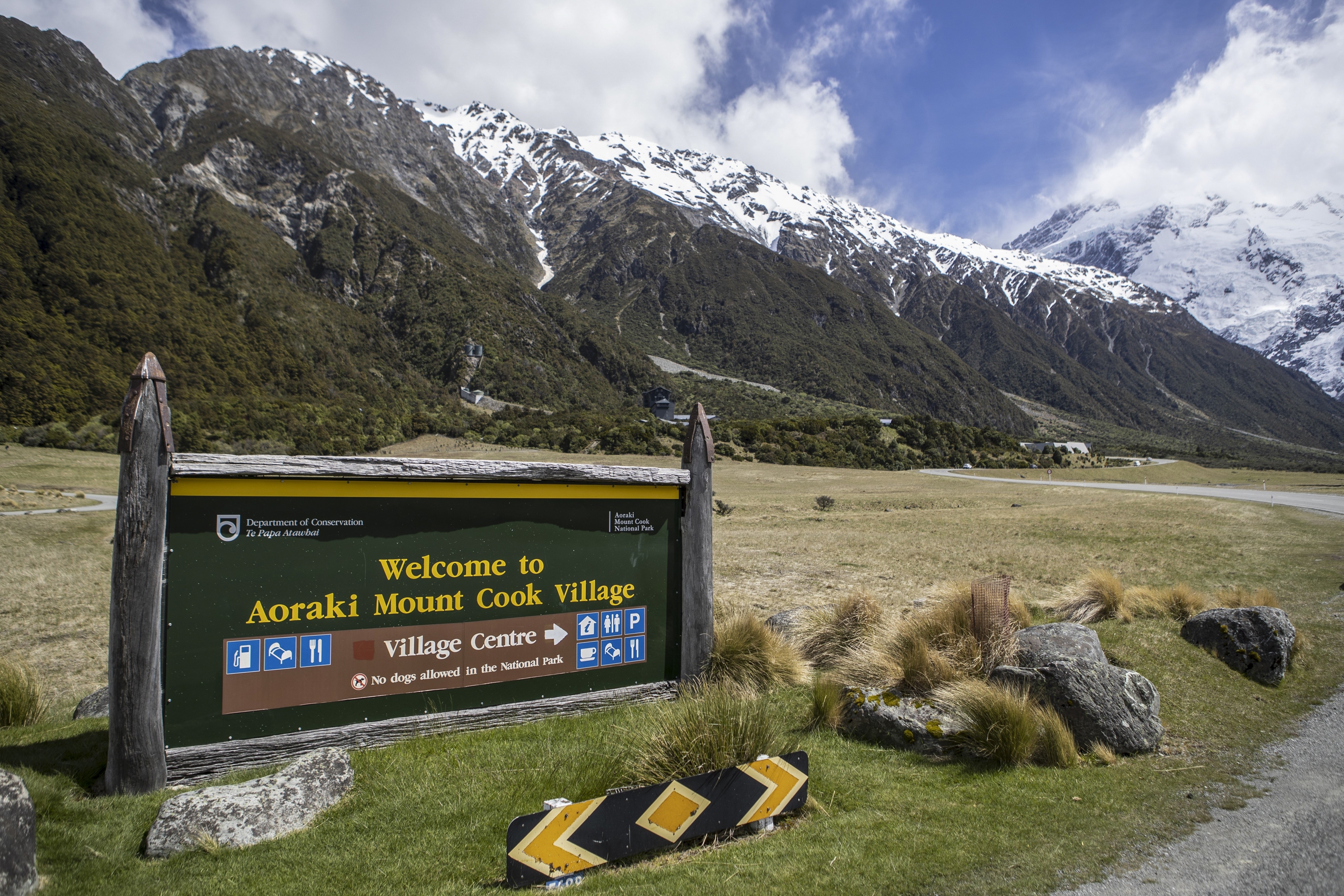 A sign at the entrance to Aoraki/Mt Cook National Park, in the South Island of New Zealand, Nov, 22, 2017. 
