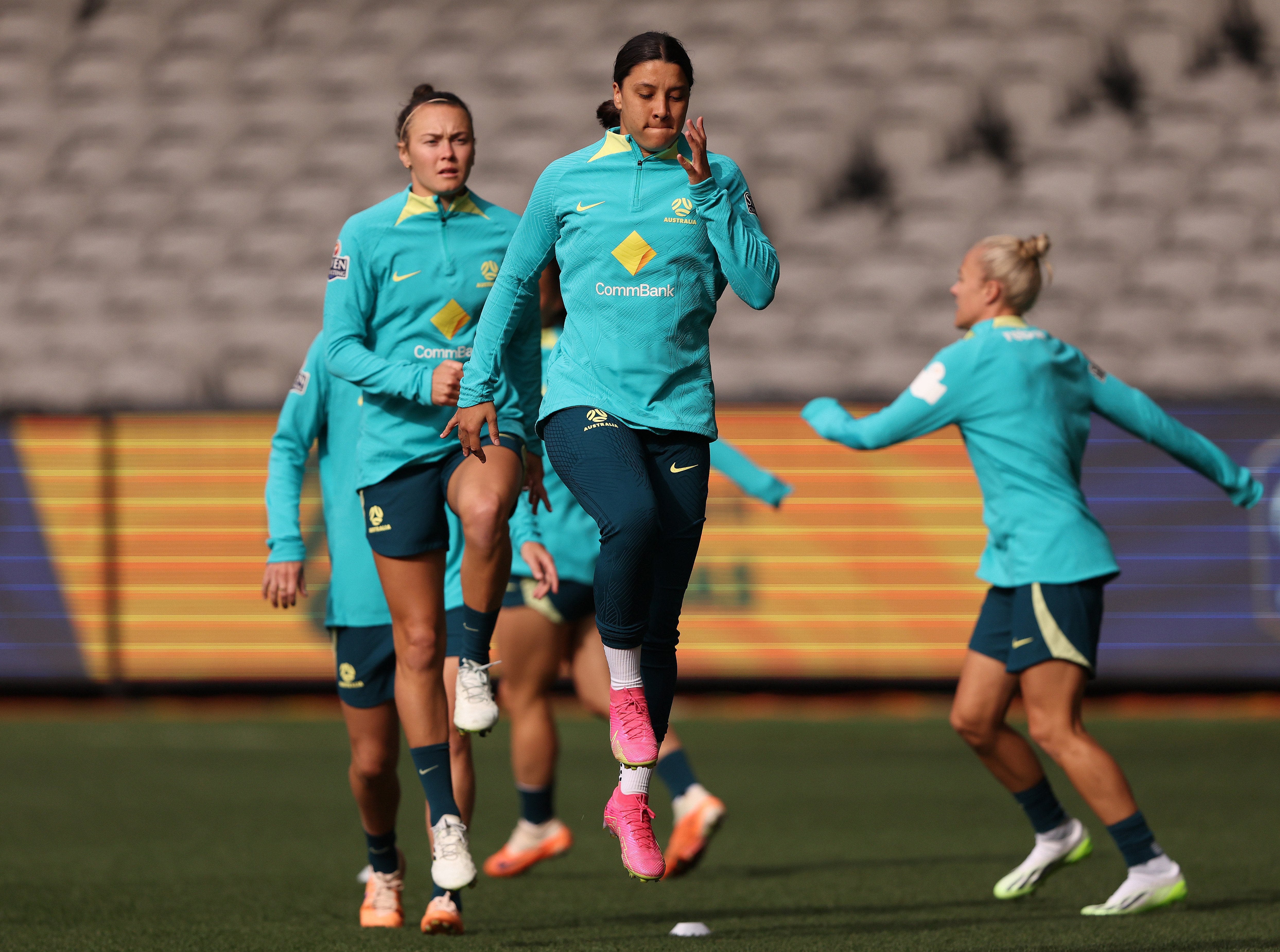 MELBOURNE, AUSTRALIA - JULY 13: Sam Kerr of the Matildas warms up during an Australia Matildas Training session at Marvel Stadium on July 13, 2023 in Melbourne, Australia. (Photo by Robert Cianflone/Getty Images)