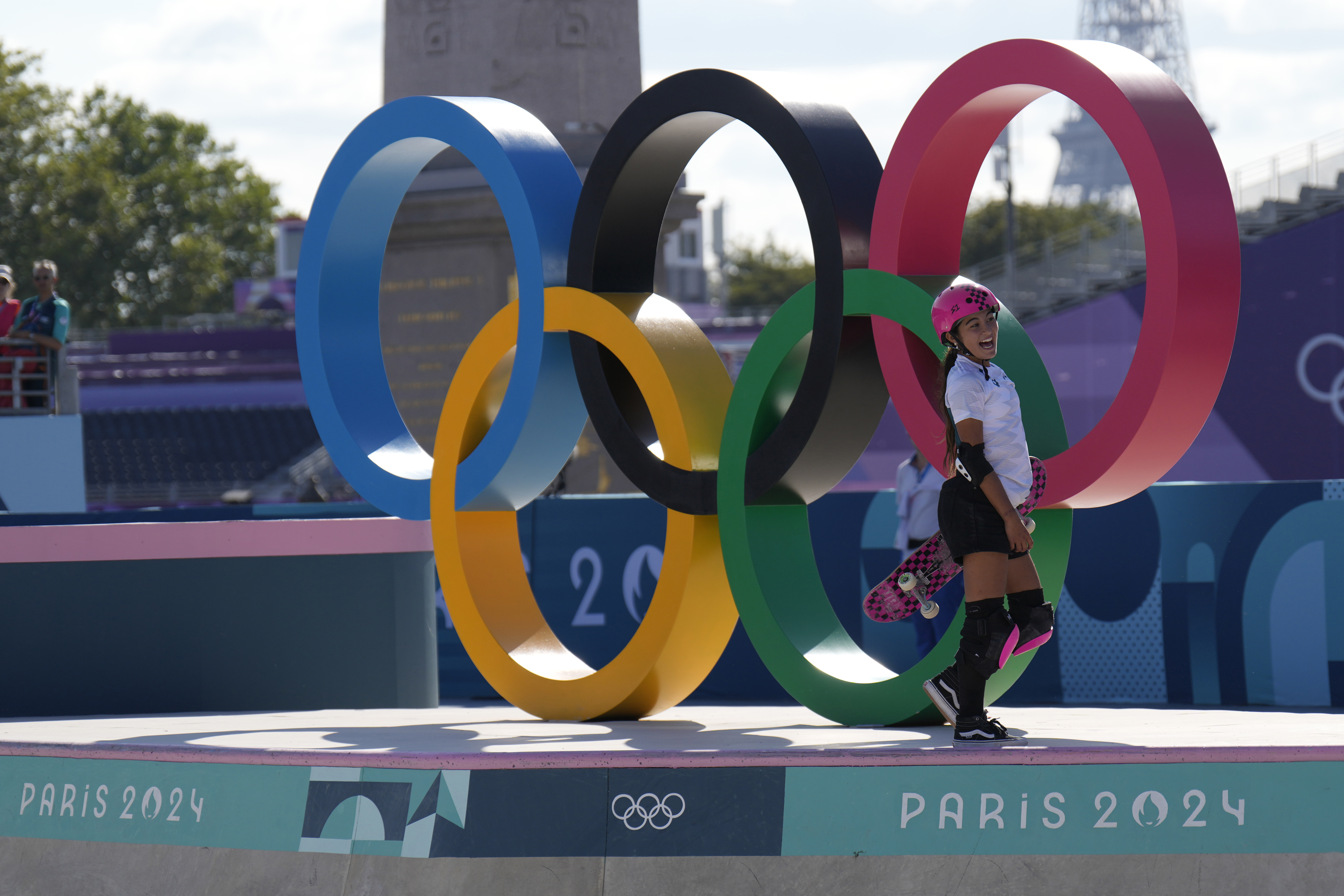Arisa Trew of Australia reacts at the end of her run during the women's skateboarding park final 