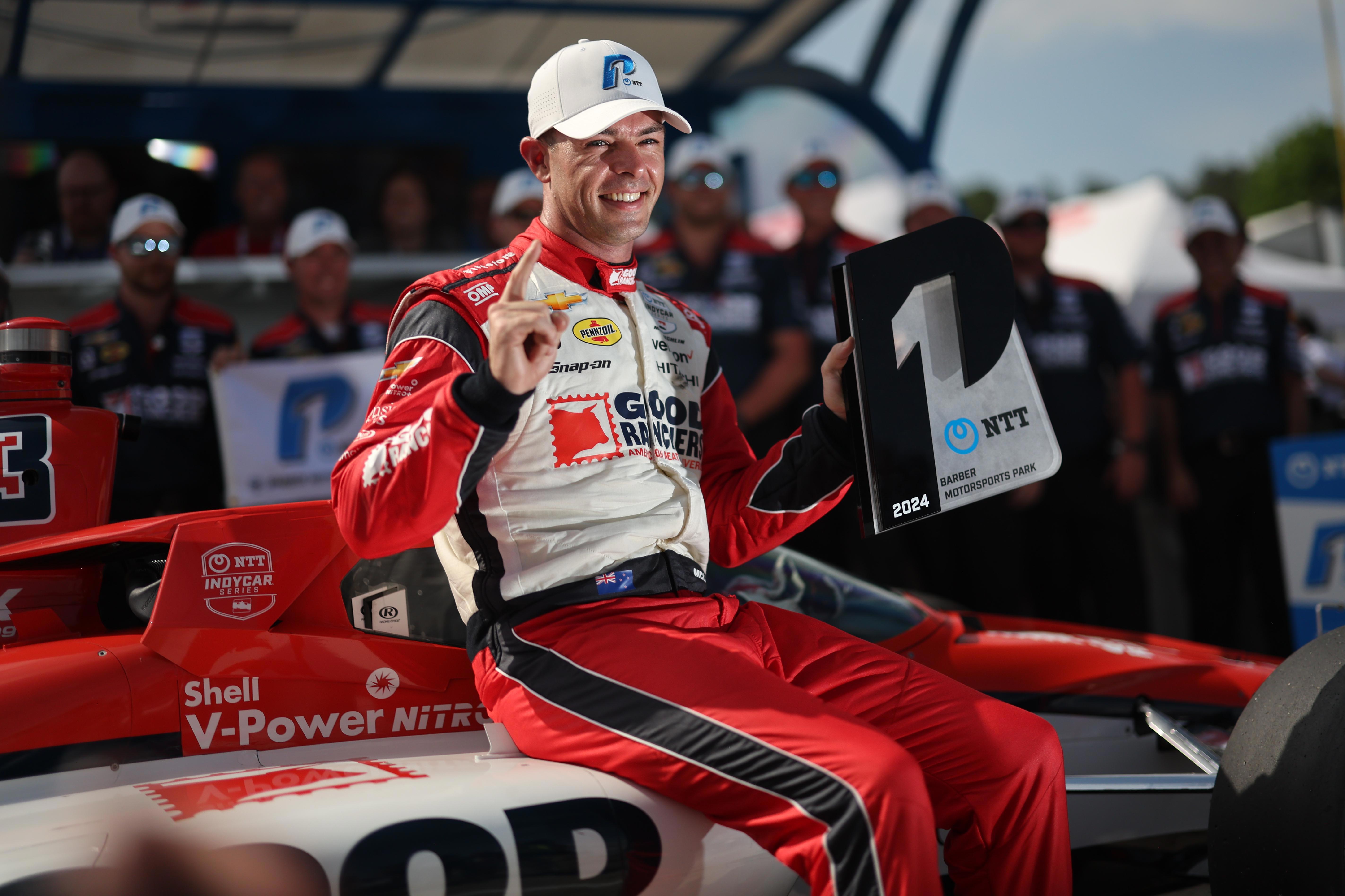 Scott McLaughlin celebrates pole position at Barber Motorsports Park.