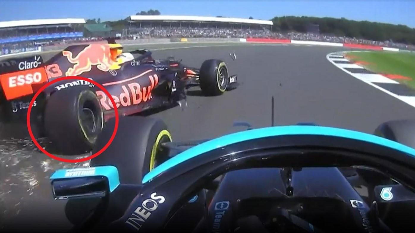 The view from Lewis Hamilton's car  as he hits Max Verstappen at the British Grand Prix.